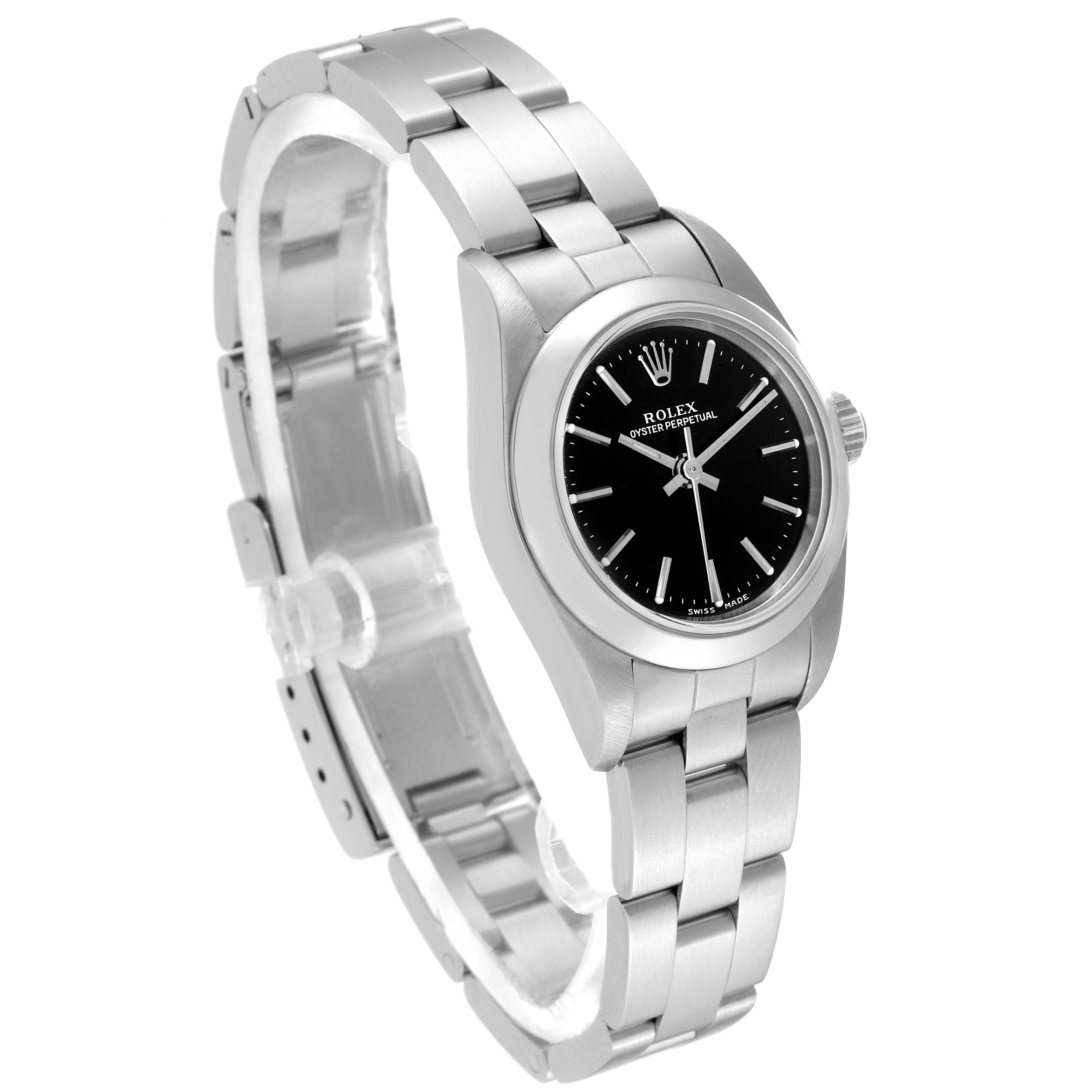 The Rolex Oyster Perpetual 76080 Women's Stainless Steel Black Dial 76080 Women's Stainless Steel Black Dial watch is viewed from a front angle showing its face, bezel, and metal bracelet.