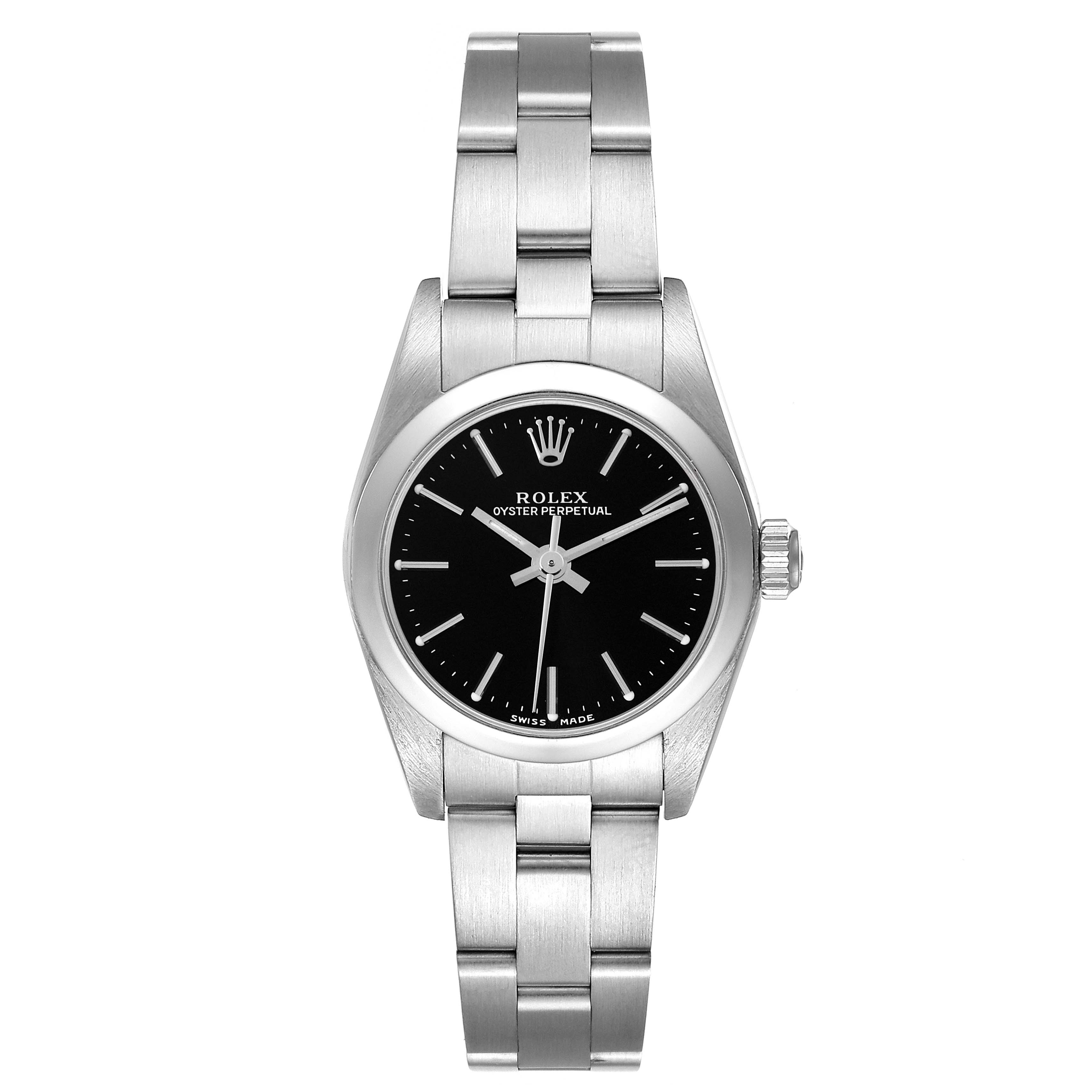 The Rolex Oyster Perpetual 76080 Women's Stainless Steel Black Dial 76080 Women's Stainless Steel Black Dial watch is shown from a front-facing angle, displaying its black dial and stainless steel bracelet.