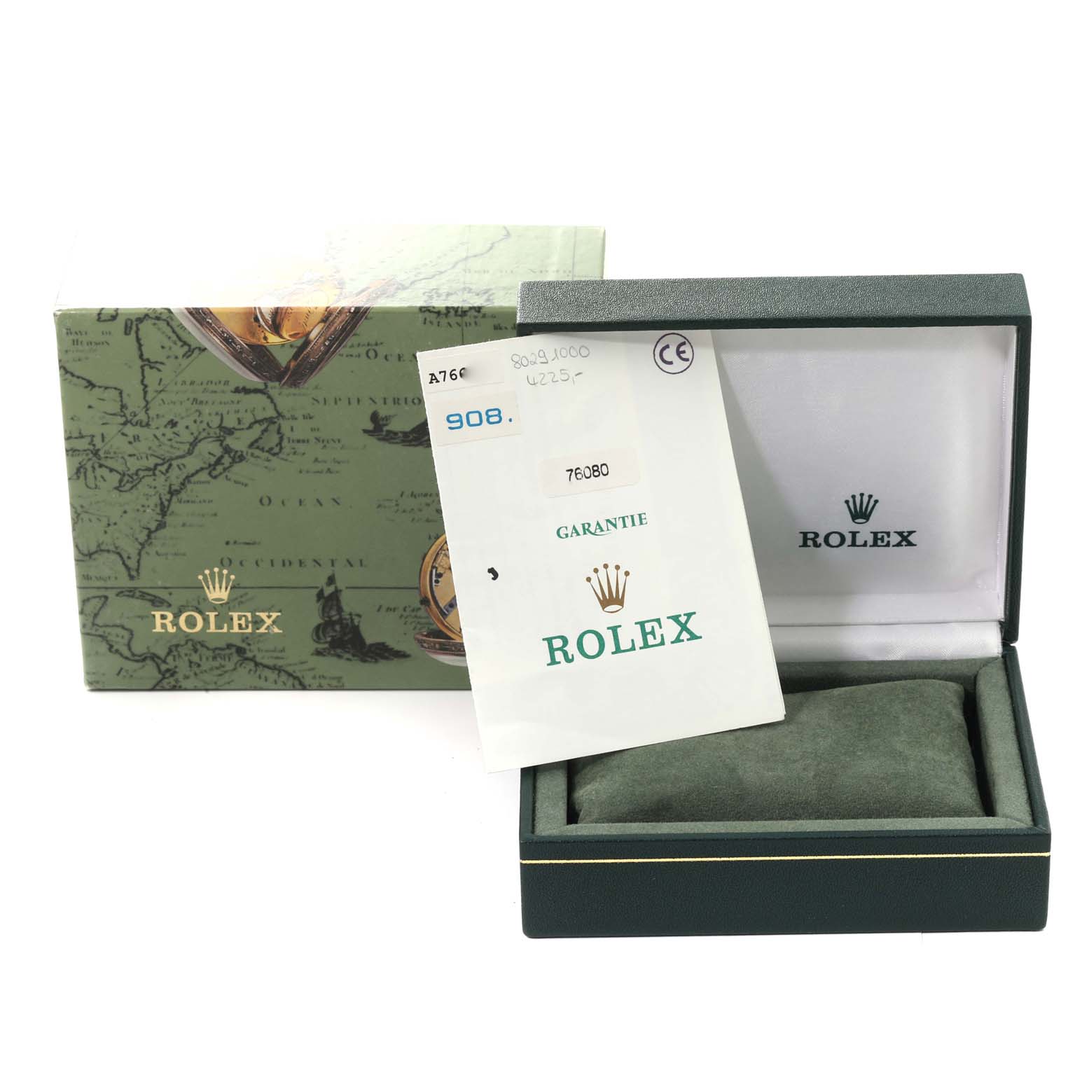The image shows a Rolex Oyster Perpetual 76080 Women's Stainless Steel Black Dial 76080 Women's Stainless Steel Black Dial watch box, guarantee booklet, and outer packaging from a front angle.