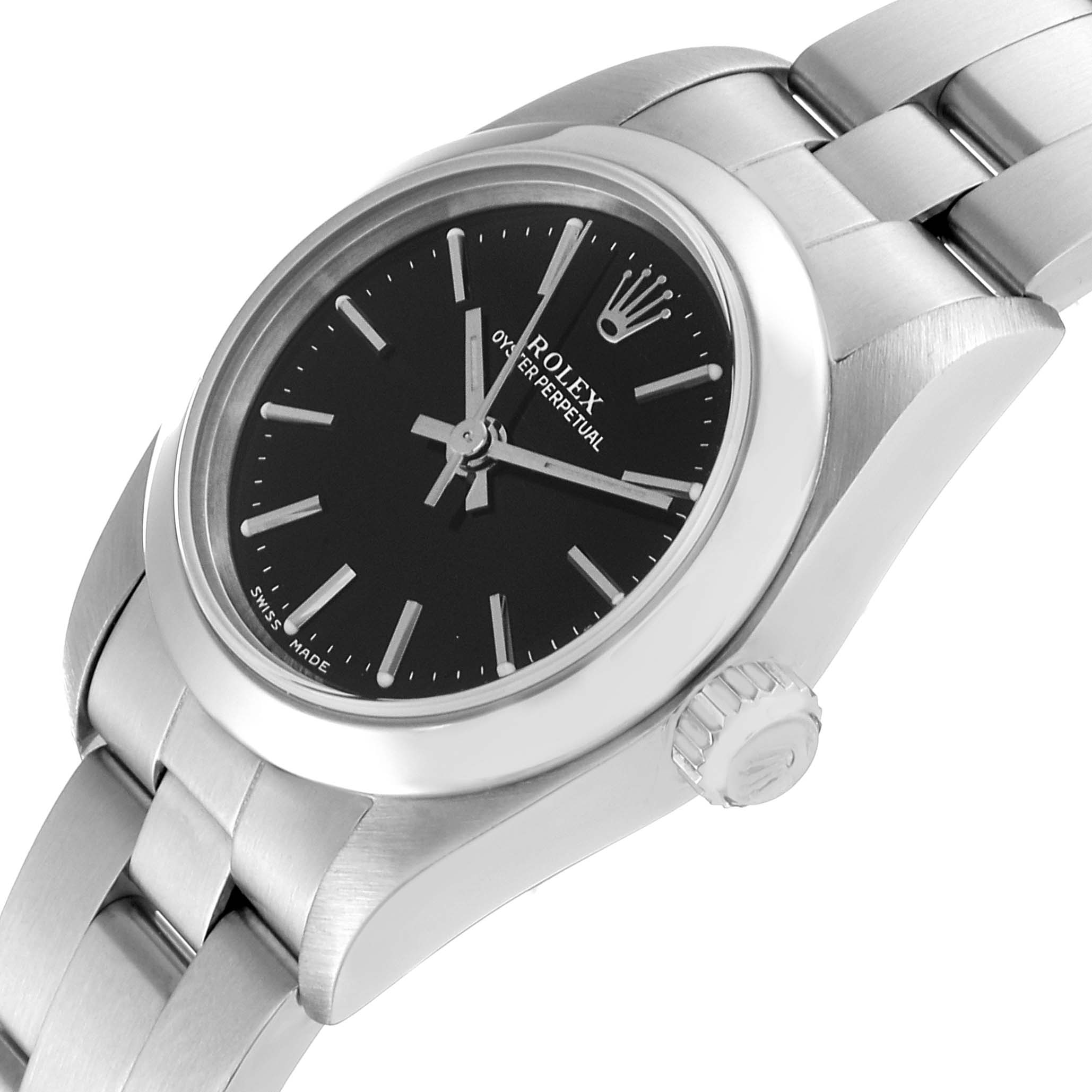 The image shows a side angle of the Rolex Oyster Perpetual 76080 Women's Stainless Steel Black Dial 76080 Women's Stainless Steel Black Dial watch, highlighting its black dial, crown, and part of its metal bracelet.