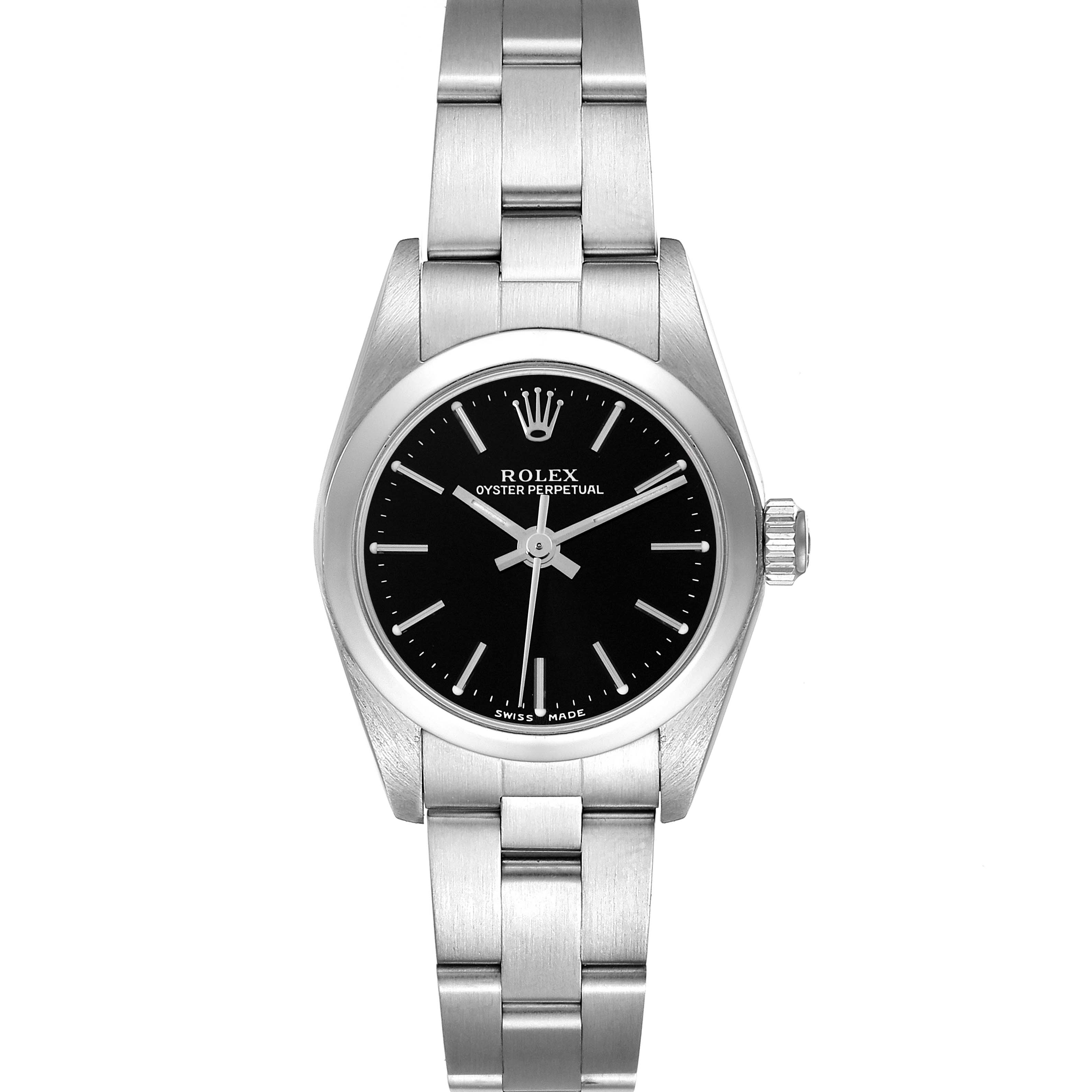 This image shows a front view of a Rolex Oyster Perpetual 76080 Women's Stainless Steel Black Dial 76080 Women's Stainless Steel Black Dial watch, displaying its face, bezel, and bracelet.