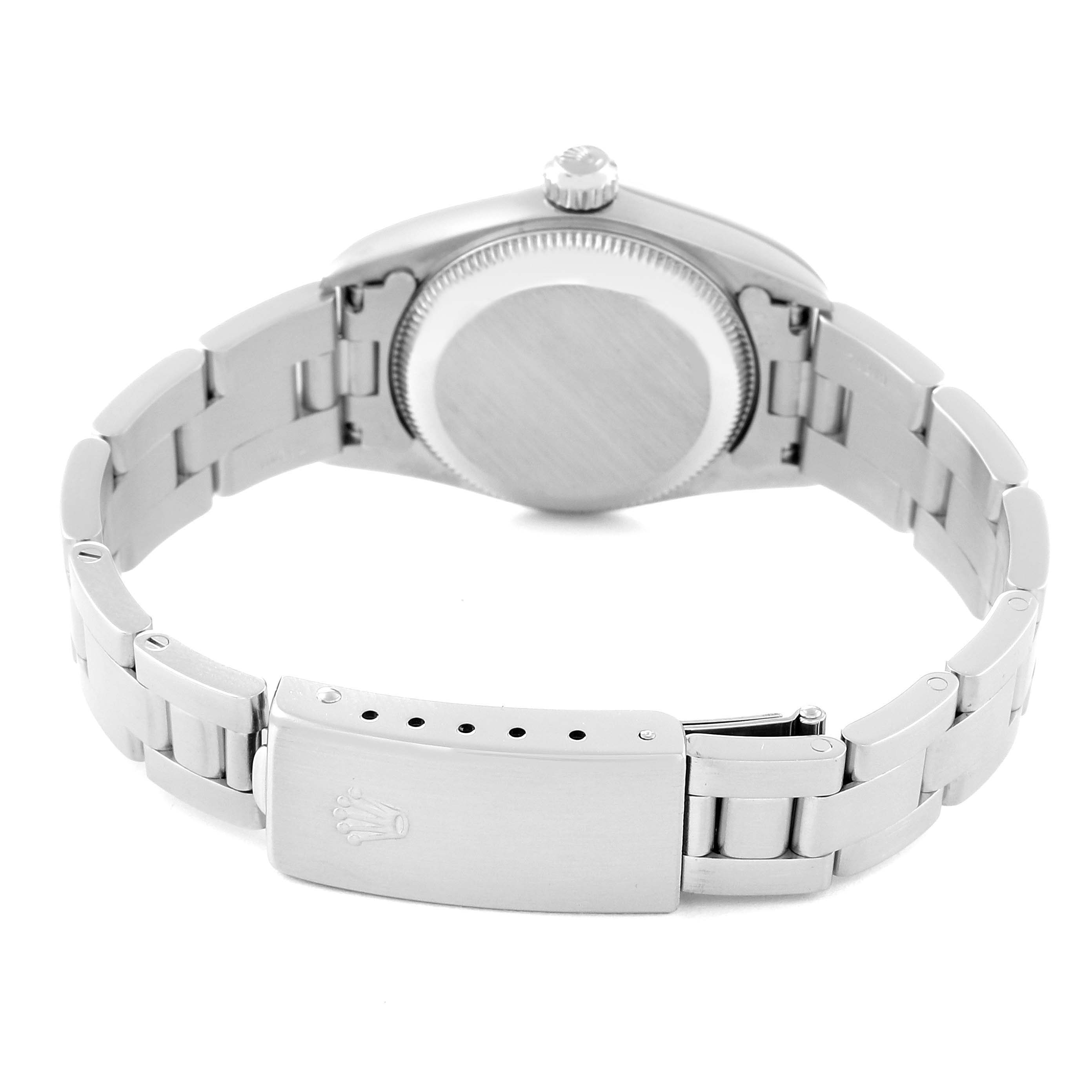 This image shows the back case and clasp of the Rolex Oyster Perpetual 76080 Women's Stainless Steel Black Dial 76080 Women's Stainless Steel Black Dial watch, with the bracelet laid out flat.