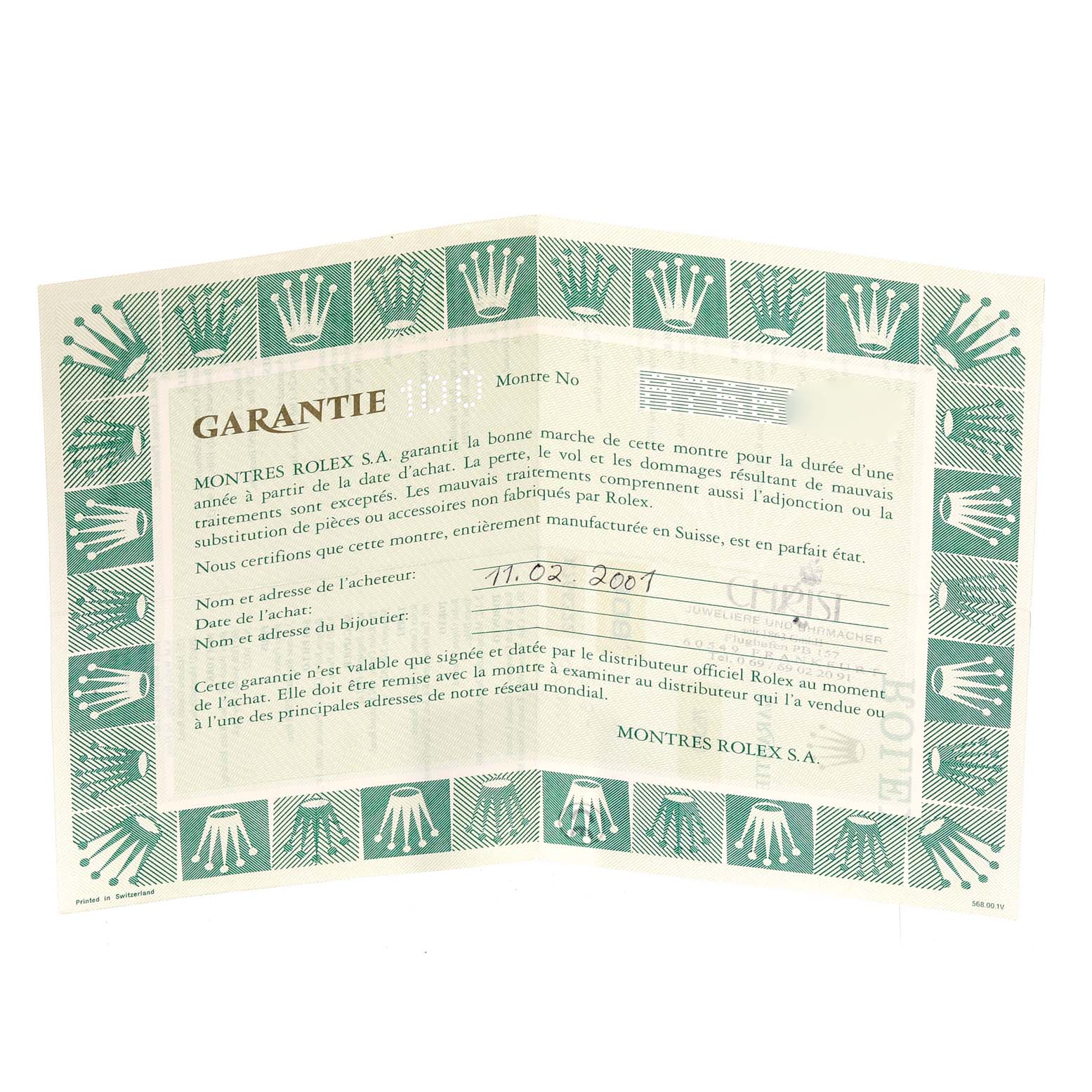 This image shows a warranty card for a Rolex Oyster Perpetual 76080 Women's Stainless Steel Black Dial 76080 Women's Stainless Steel Black Dial watch.