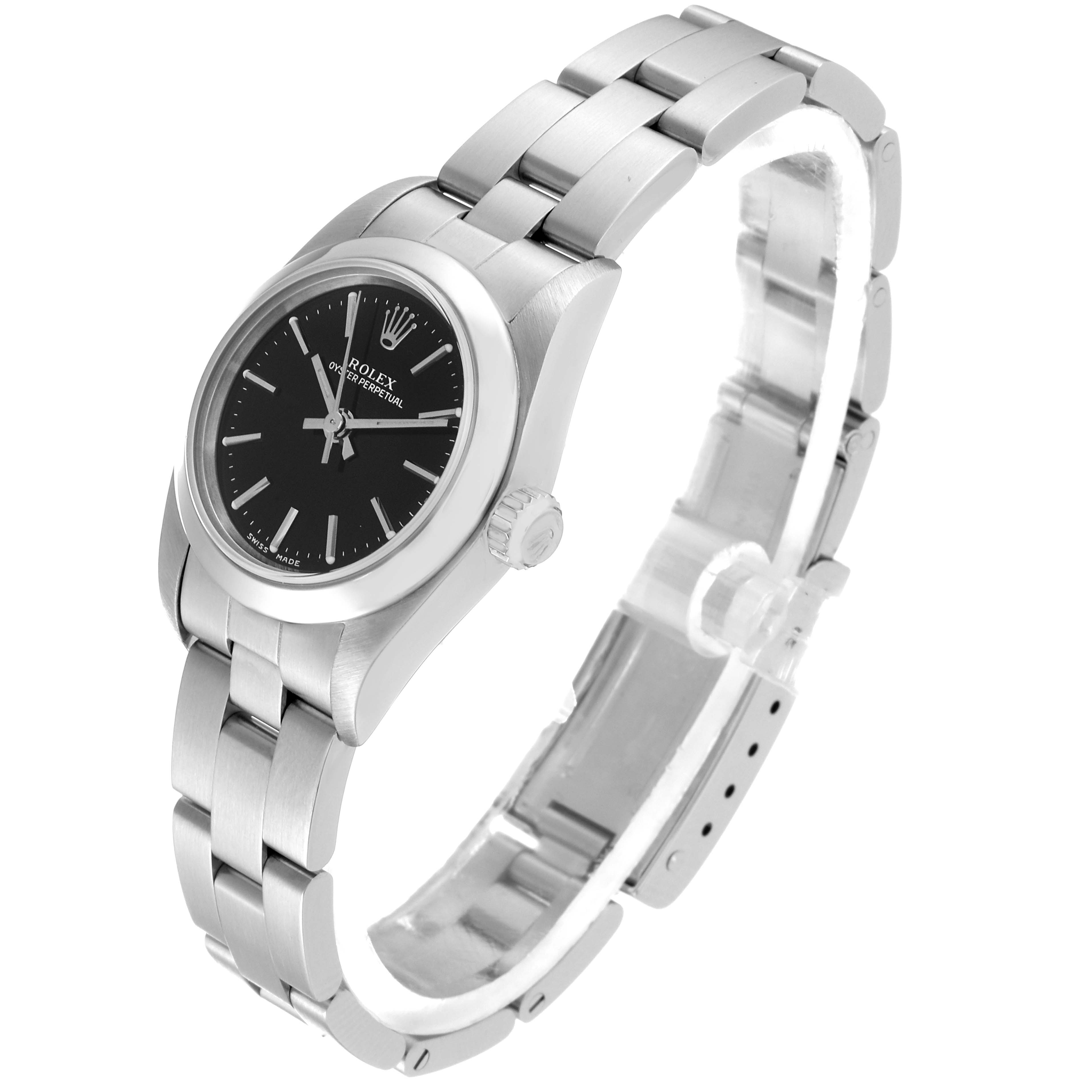 The Oyster Perpetual Rolex watch is shown from an angled side view, displaying its black dial, bracelet, and crown.