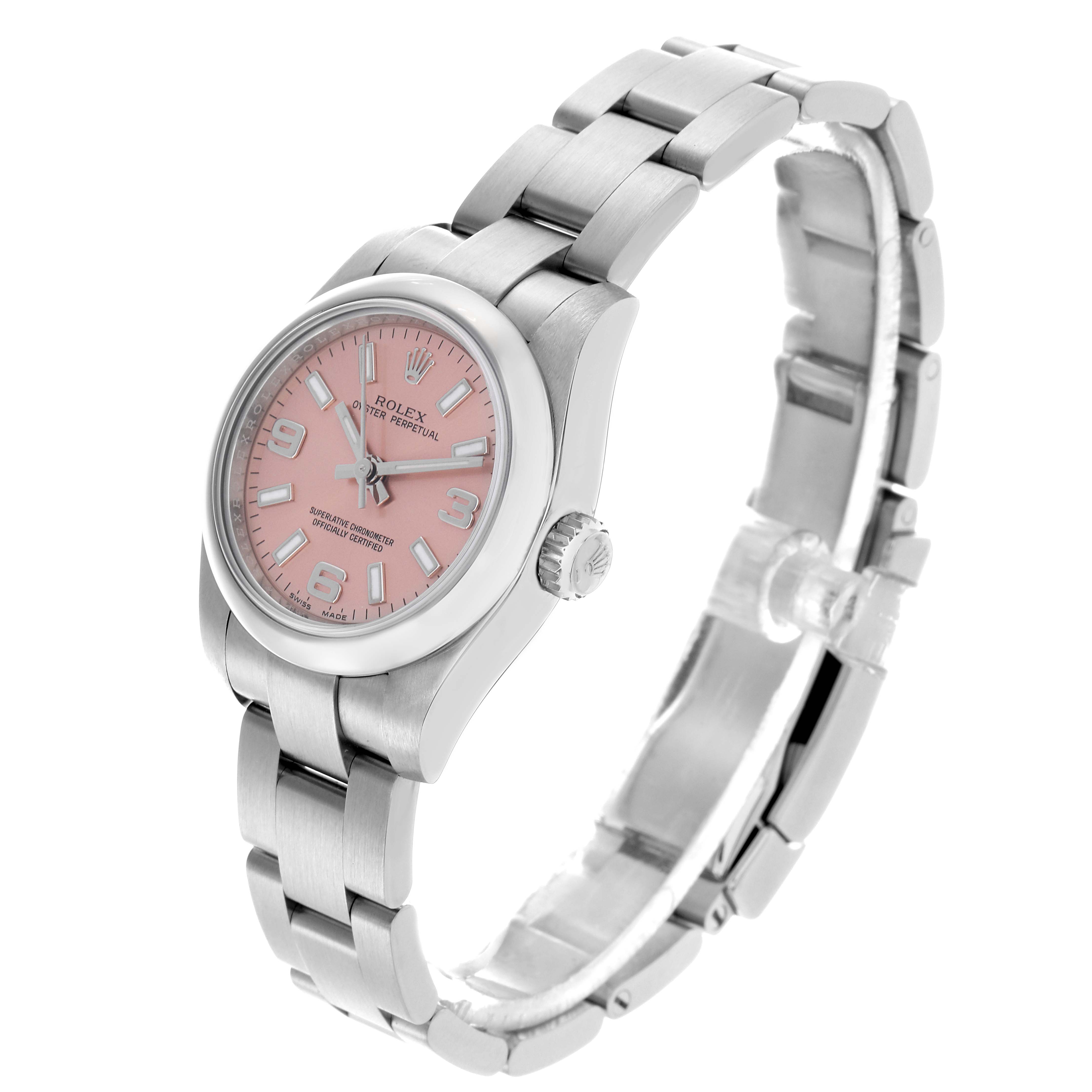 The Rolex Oyster Perpetual 176200 Women's Stainless Steel Pink Dial 176200 Women's Stainless Steel Pink Dial watch is shown at a side angle, displaying the bracelet, case, dial, and crown.