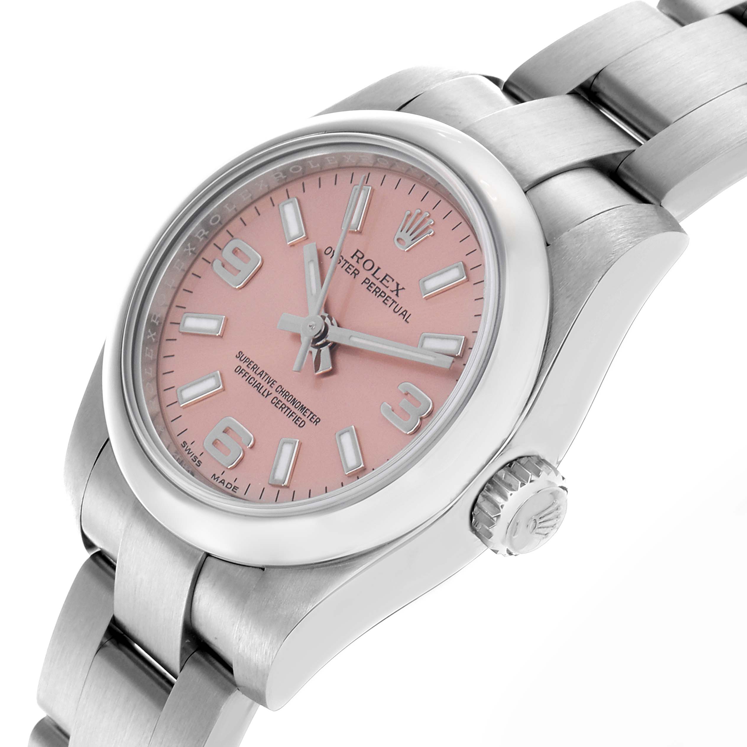 The Rolex Oyster Perpetual 176200 Women's Stainless Steel Pink Dial 176200 Women's Stainless Steel Pink Dial watch is shown from a side angle, highlighting the bracelet, case, dial, and crown.