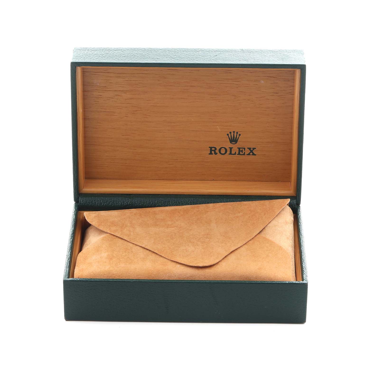 The image shows a Rolex Oyster Perpetual 176200 Women's Stainless Steel Pink Dial 176200 Women's Stainless Steel Pink Dial watch box open with a leather pouch inside, viewed from the front.