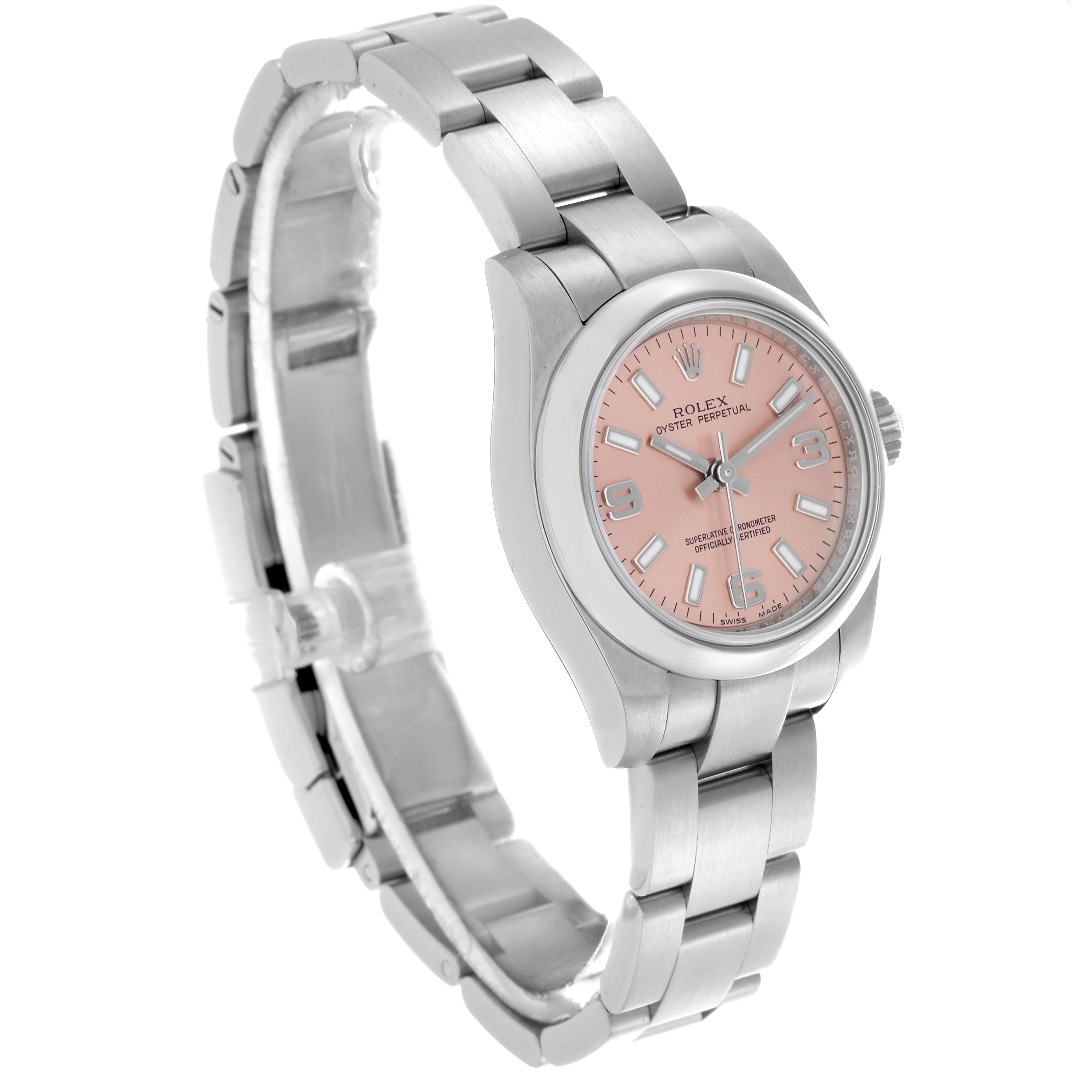 The image shows a Rolex Oyster Perpetual 176200 Women's Stainless Steel Pink Dial 176200 Women's Stainless Steel Pink Dial watch at a slight side angle, displaying the bracelet, case, and pink dial clearly.