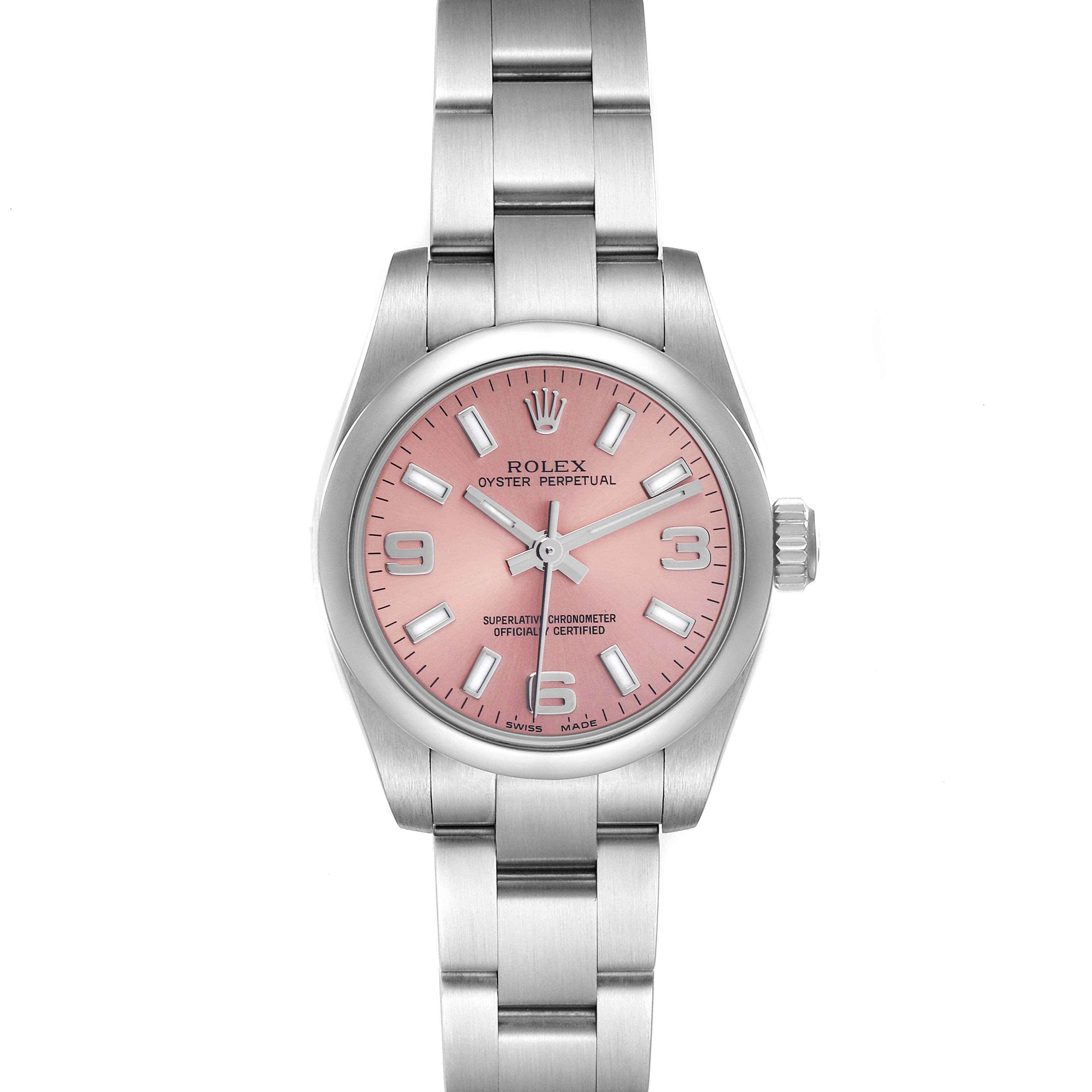 The Rolex Oyster Perpetual 176200 Women's Stainless Steel Pink Dial 176200 Women's Stainless Steel Pink Dial watch is shown from the front, highlighting the pink dial, hour markers, and stainless steel bracelet.