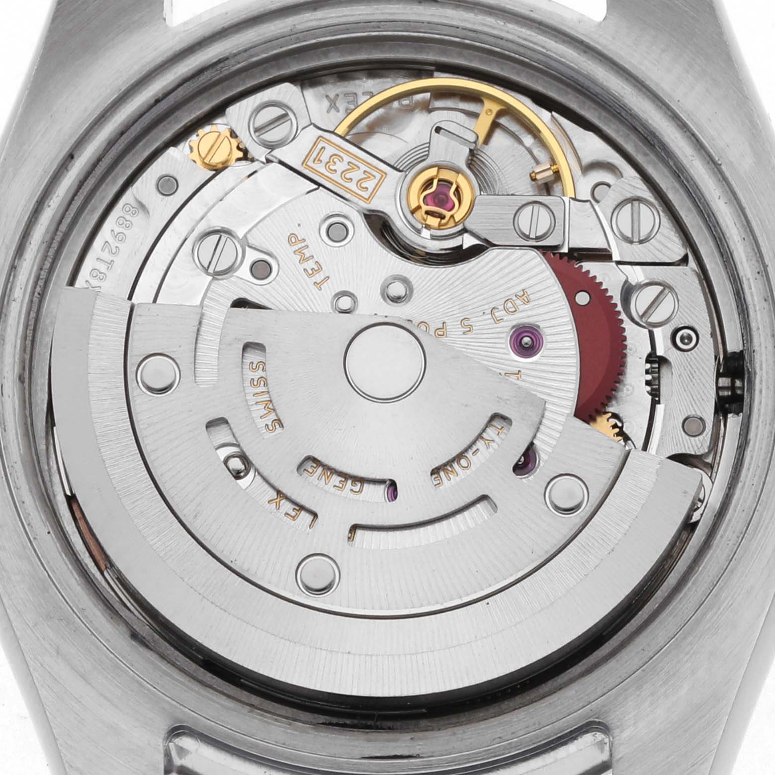 The image shows the back view of a Rolex Oyster Perpetual 176200 Women's Stainless Steel Pink Dial 176200 Women's Stainless Steel Pink Dial, highlighting its intricate movement and rotor.