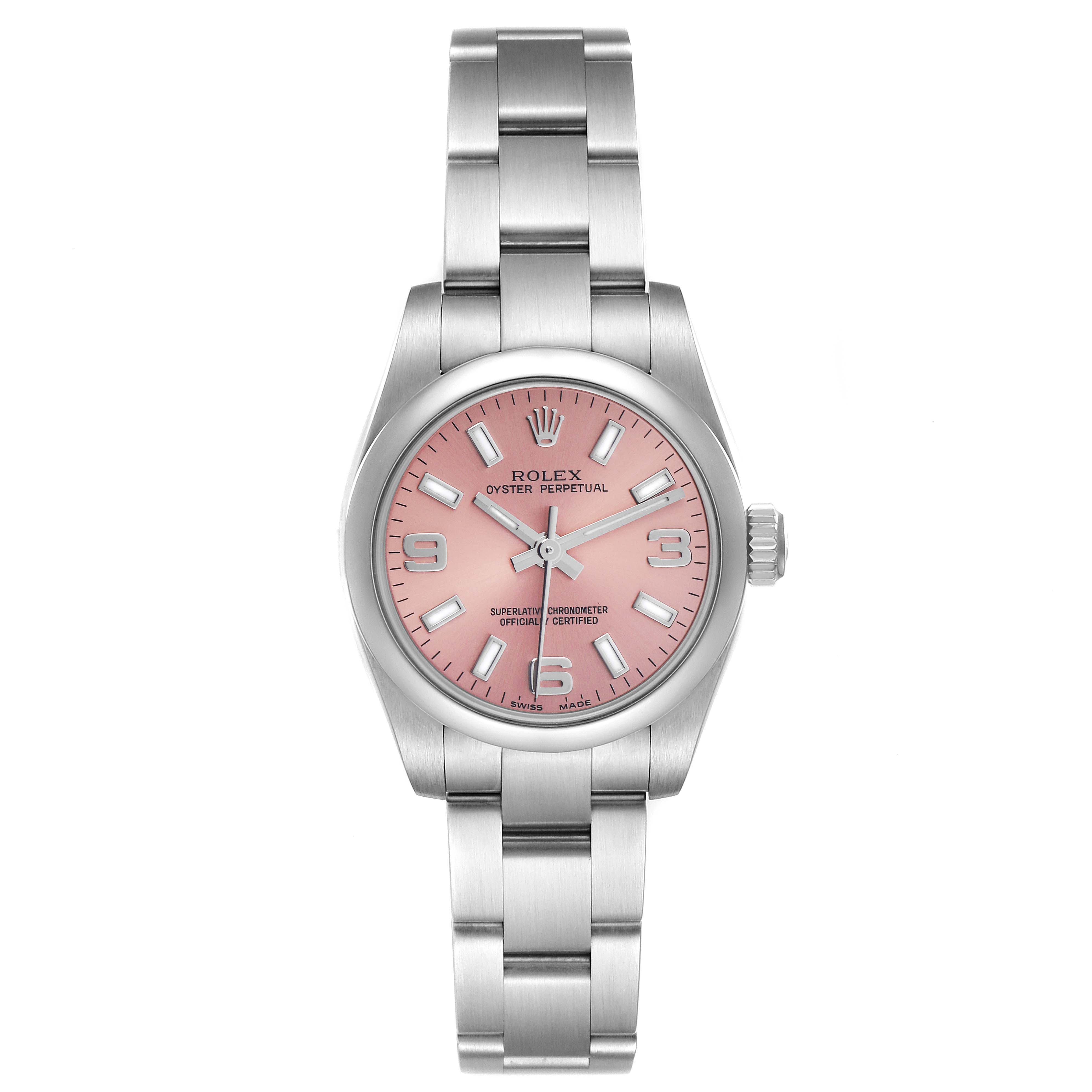 The Rolex Oyster Perpetual 176200 Women's Stainless Steel Pink Dial 176200 Women's Stainless Steel Pink Dial watch is shown from a top-down angle, highlighting the pink dial, bracelet, and crown.