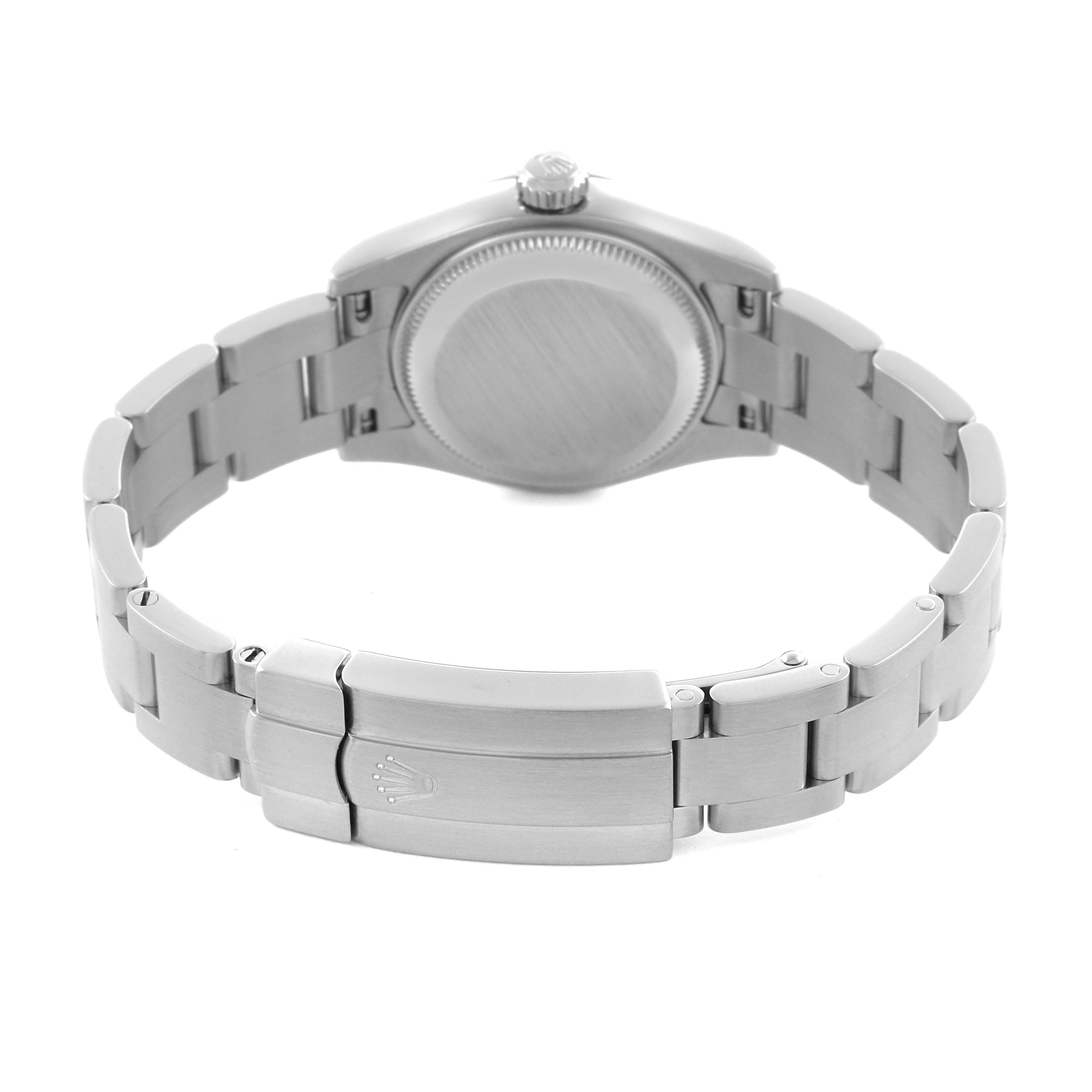 The Rolex Oyster Perpetual 176200 Women's Stainless Steel Pink Dial 176200 Women's Stainless Steel Pink Dial watch is shown from the back, featuring the bracelet and clasp with the crown logo visible.