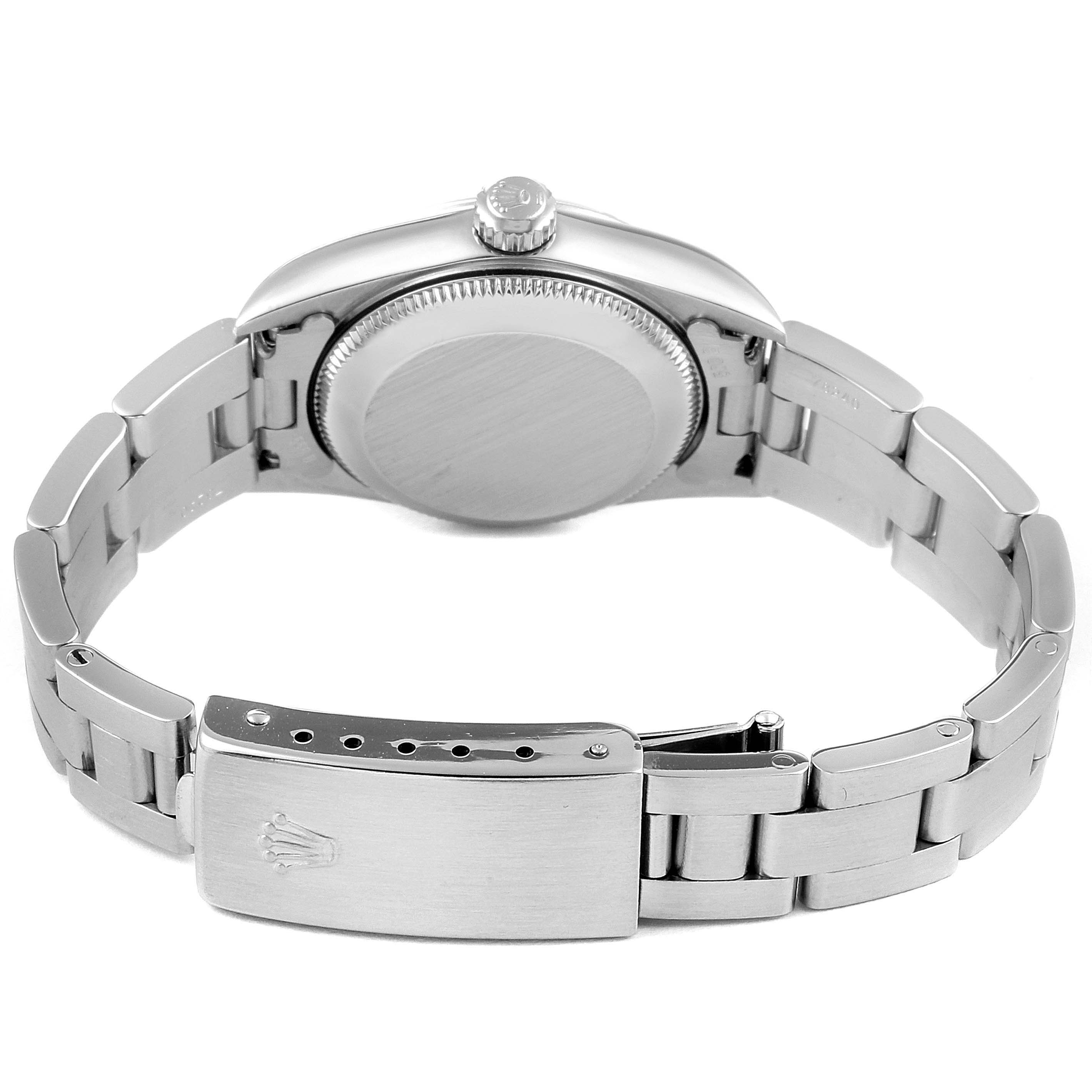 This image shows the back and clasp of the Rolex Oyster Perpetual 76030 Women's Stainless Steel Pink Dial 76030 Women's Stainless Steel Pink Dial watch, highlighting the bracelet and case back.