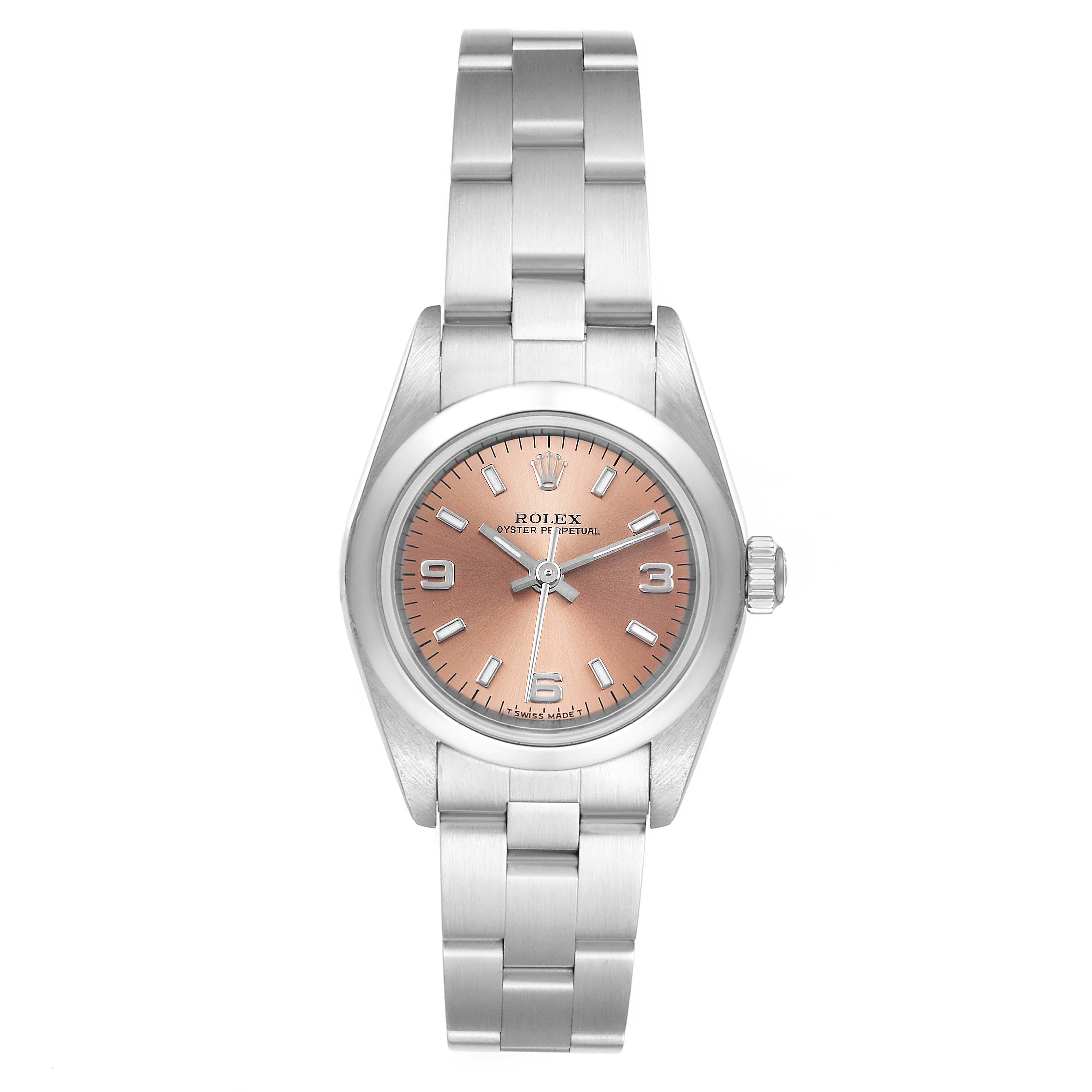 The image shows a front view of the Rolex Oyster Perpetual 76080 Women's Stainless Steel Pink Dial 76080 Women's Stainless Steel Pink Dial watch, highlighting its dial, case, and bracelet.
