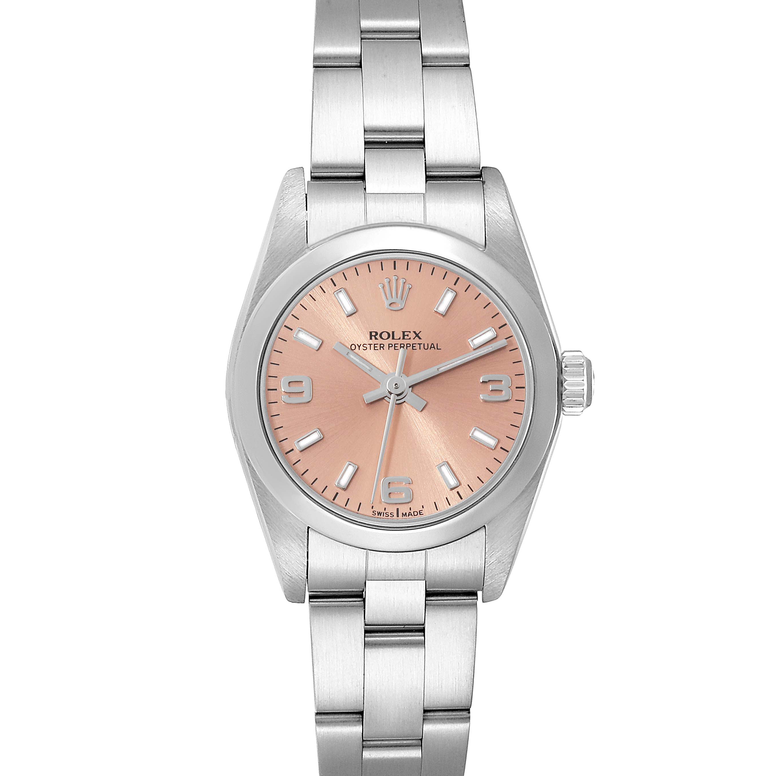 The image shows a frontal view of a Rolex Oyster Perpetual 76080 Women's Stainless Steel Pink Dial 76080 Women's Stainless Steel Pink Dial watch, displaying its face, bezel, and part of the bracelet.