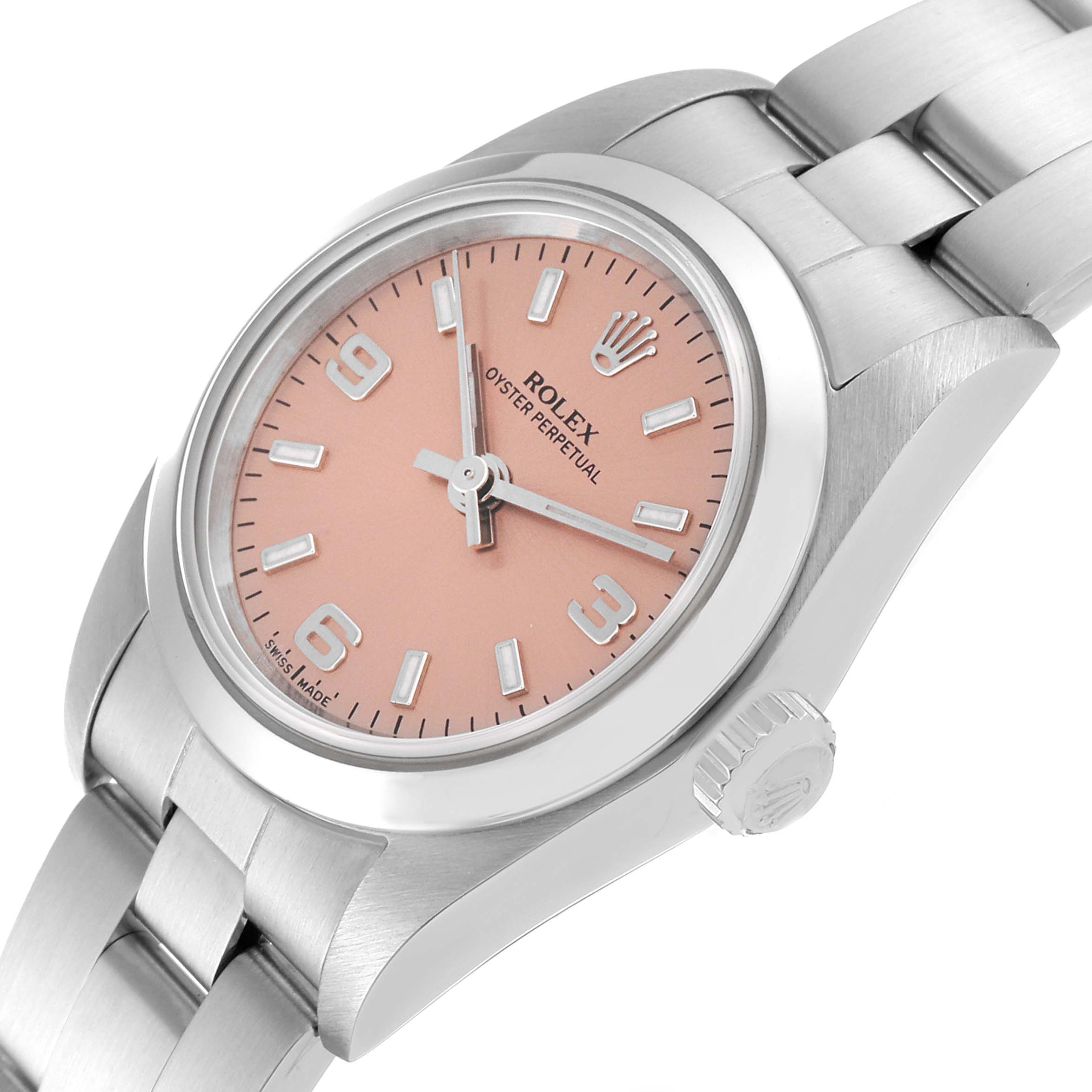 This image shows a Rolex Oyster Perpetual 76080 Women's Stainless Steel Pink Dial 76080 Women's Stainless Steel Pink Dial watch from a high-angle view, featuring its pink dial, crown, and stainless steel bracelet.