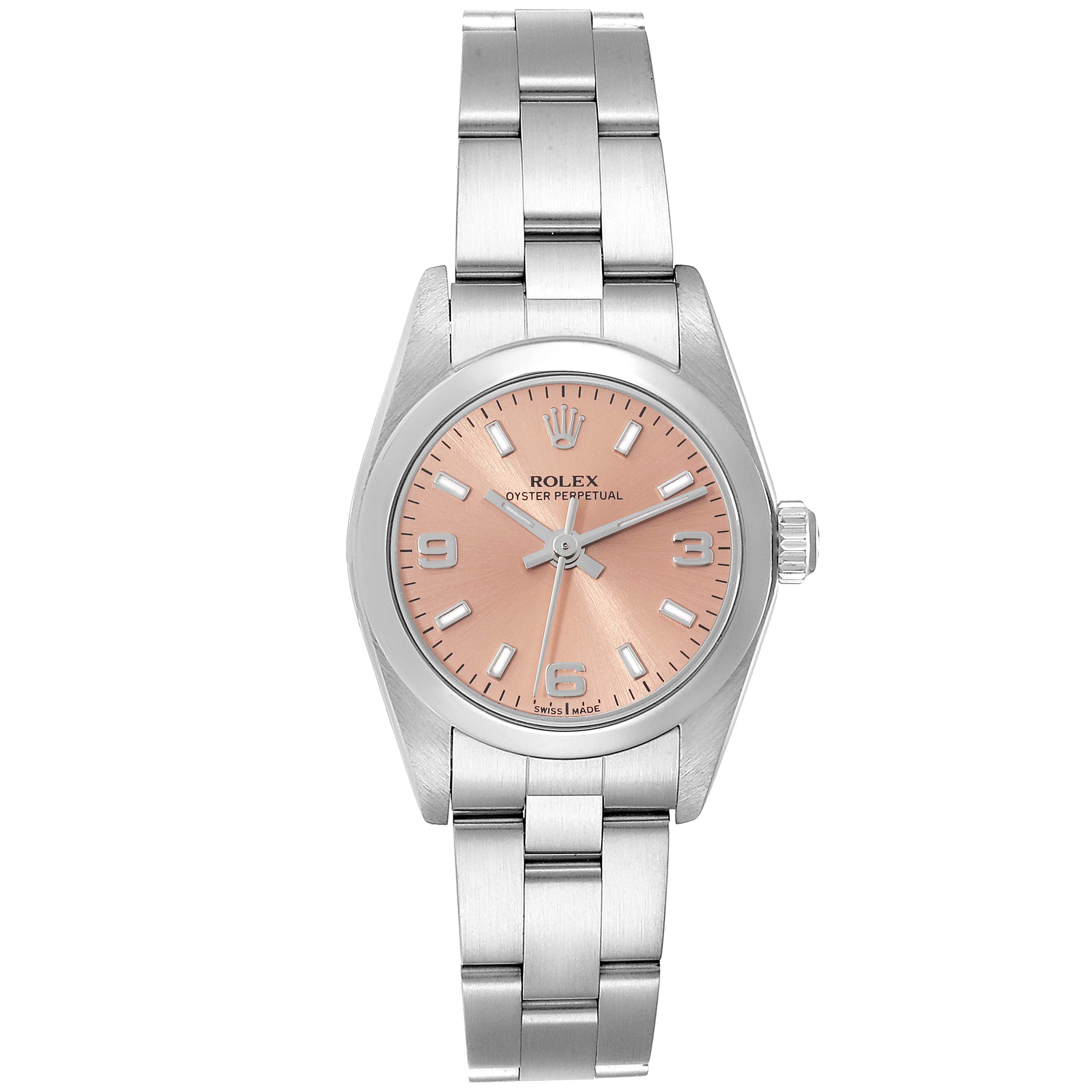 The image shows a front view of a Rolex Oyster Perpetual 76080 Women's Stainless Steel Pink Dial 76080 Women's Stainless Steel Pink Dial watch, highlighting the dial, case, and bracelet.