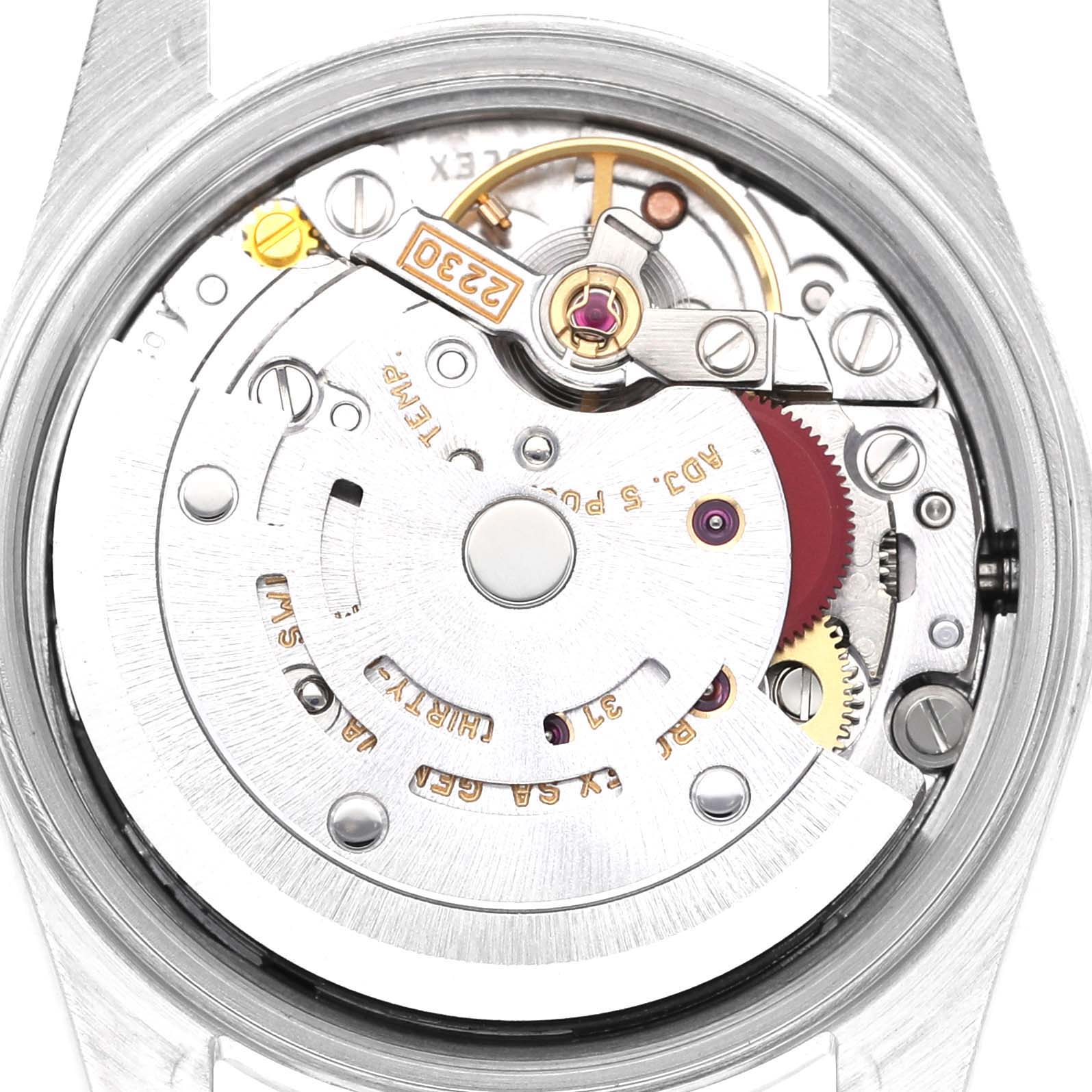 The image shows the internal mechanism or movement of a Rolex Oyster Perpetual 76080 Women's Stainless Steel Pink Dial 76080 Women's Stainless Steel Pink Dial watch from a direct, top-down angle.