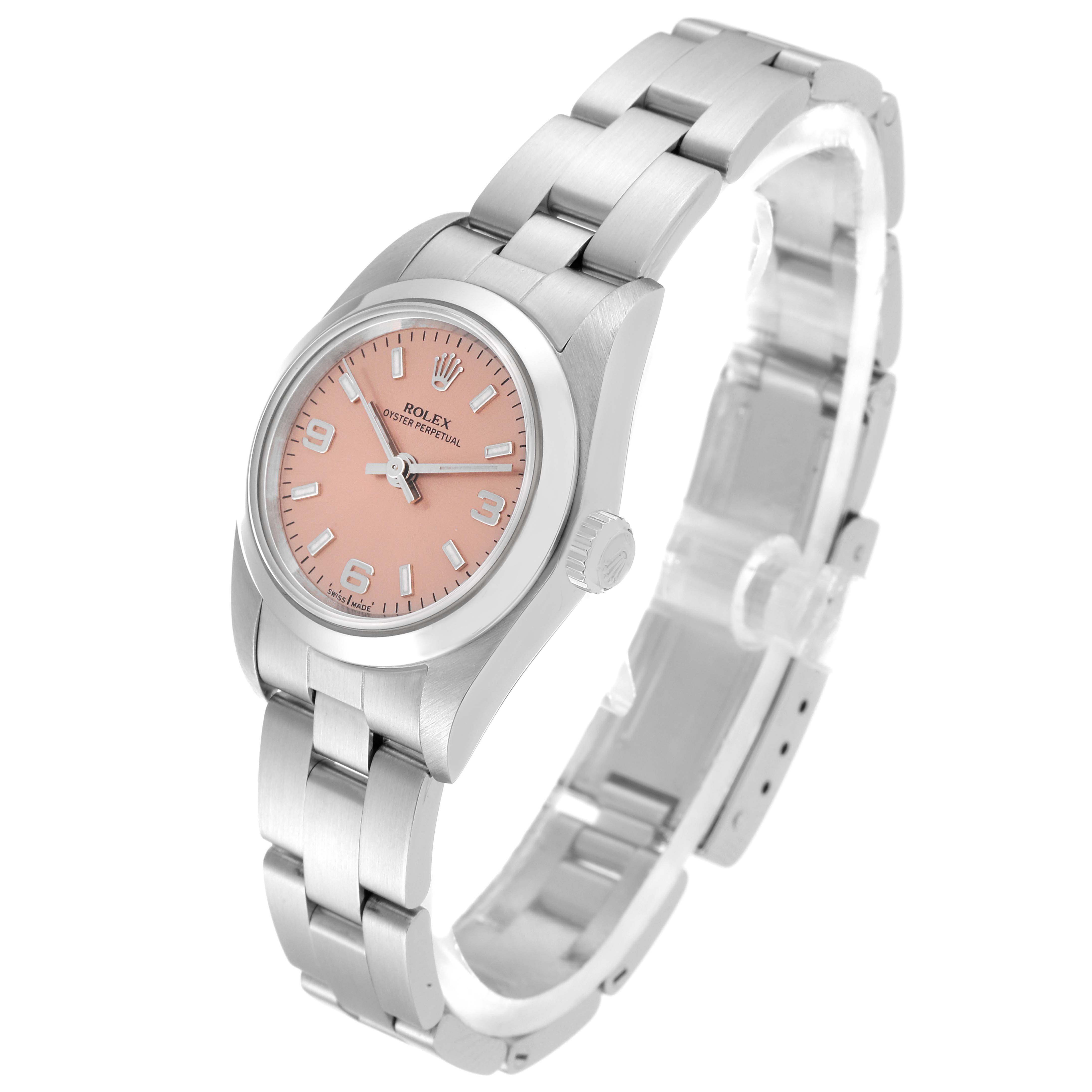 The image shows a side view and partial bracelet of the Rolex Oyster Perpetual 76080 Women's Stainless Steel Pink Dial 76080 Women's Stainless Steel Pink Dial watch with a pink dial.