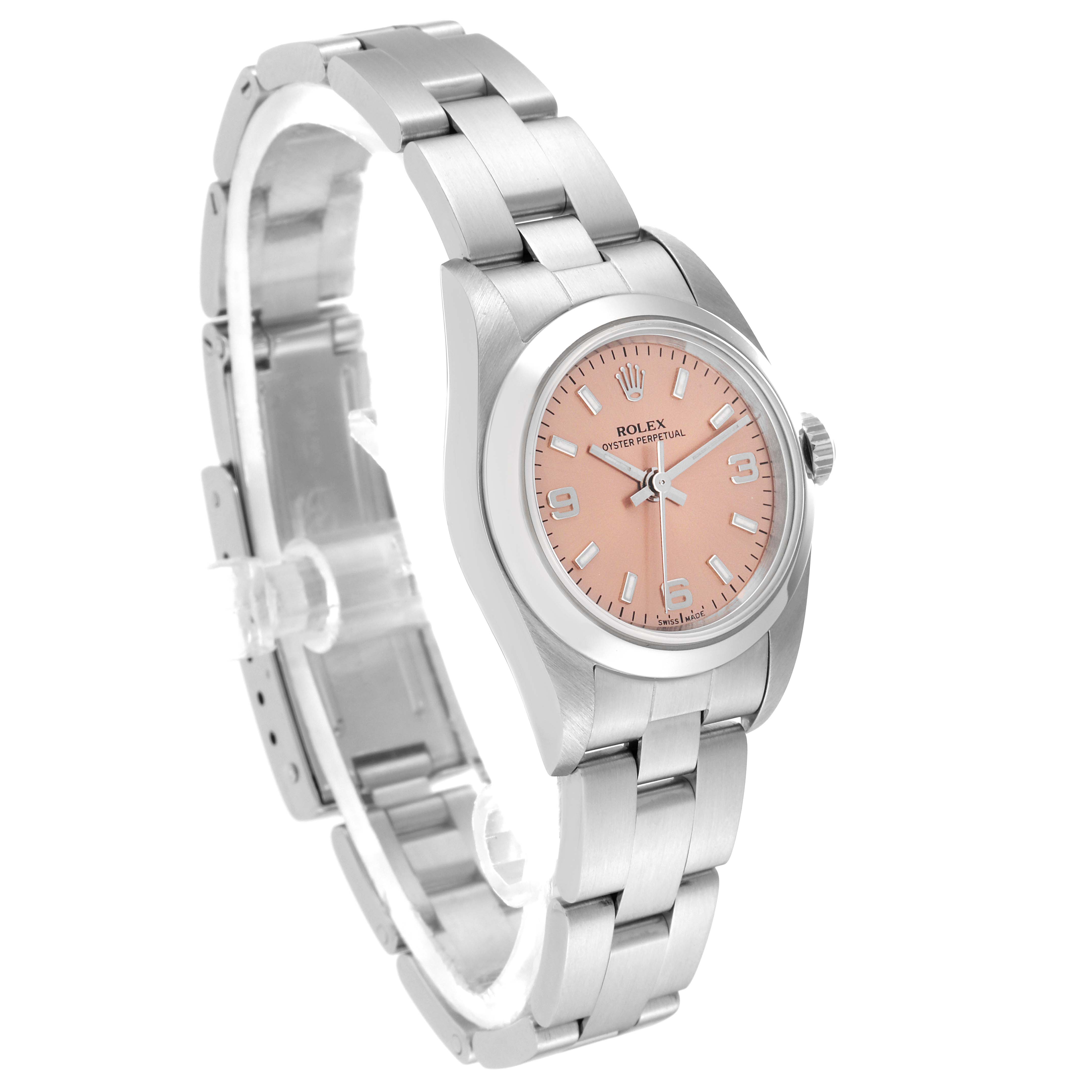 The Rolex Oyster Perpetual 76080 Women's Stainless Steel Pink Dial 76080 Women's Stainless Steel Pink Dial watch is shown at an angled view, displaying its face, case, and bracelet.