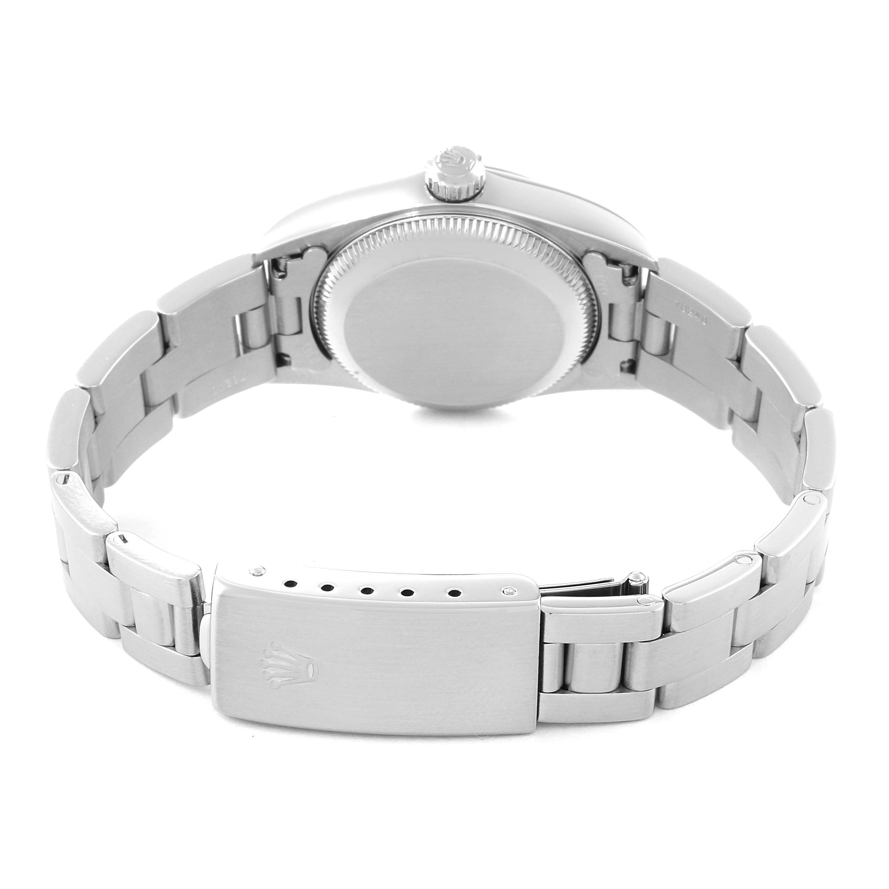 This image shows the back view of the Rolex Oyster Perpetual 76080 Women's Stainless Steel Pink Dial 76080 Women's Stainless Steel Pink Dial watch, featuring its stainless steel case and bracelet.