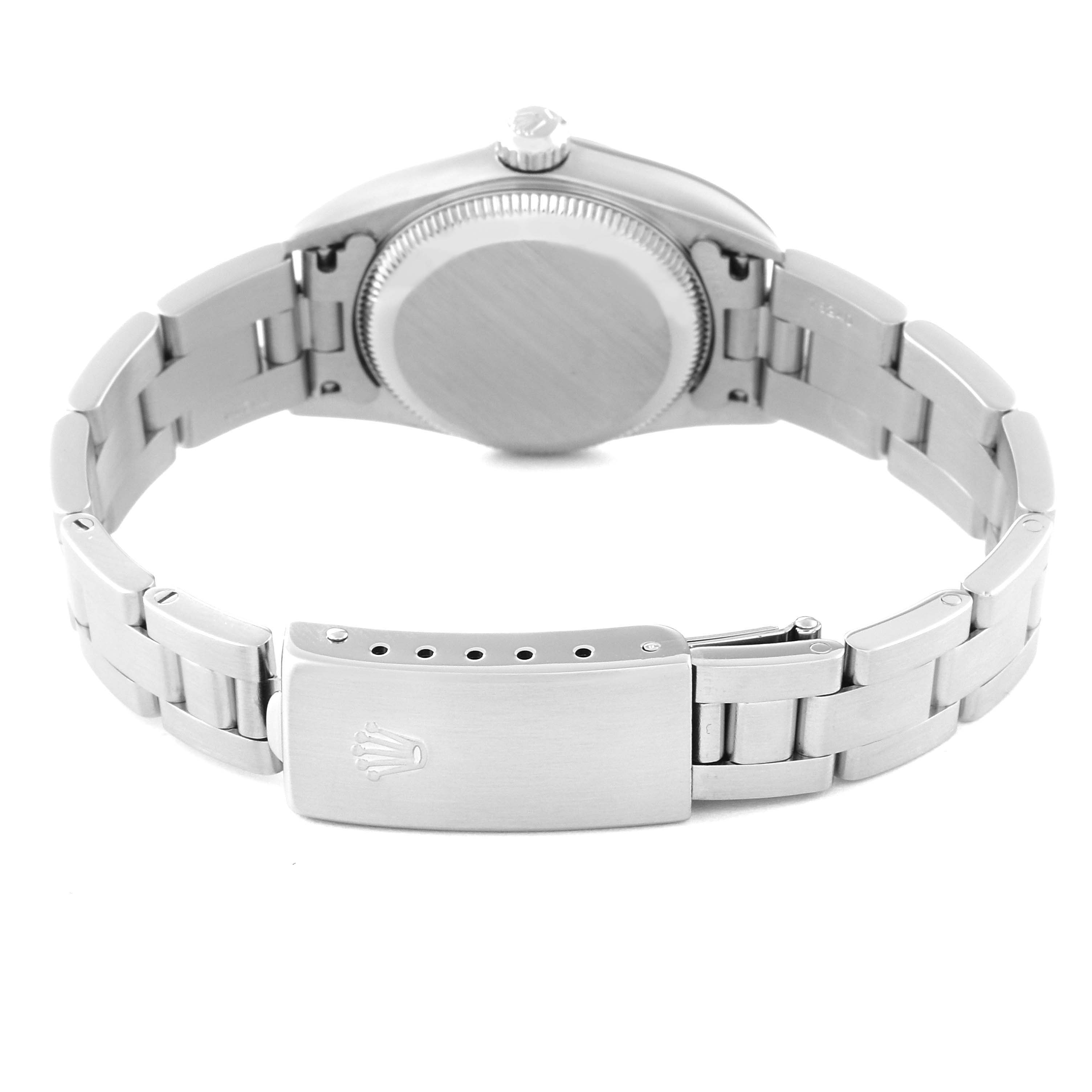 The image shows the back and bracelet of a Rolex Oyster Perpetual 76080 Women's Stainless Steel Pink Dial 76080 Women's Stainless Steel Pink Dial watch, including the clasp with the Rolex logo.