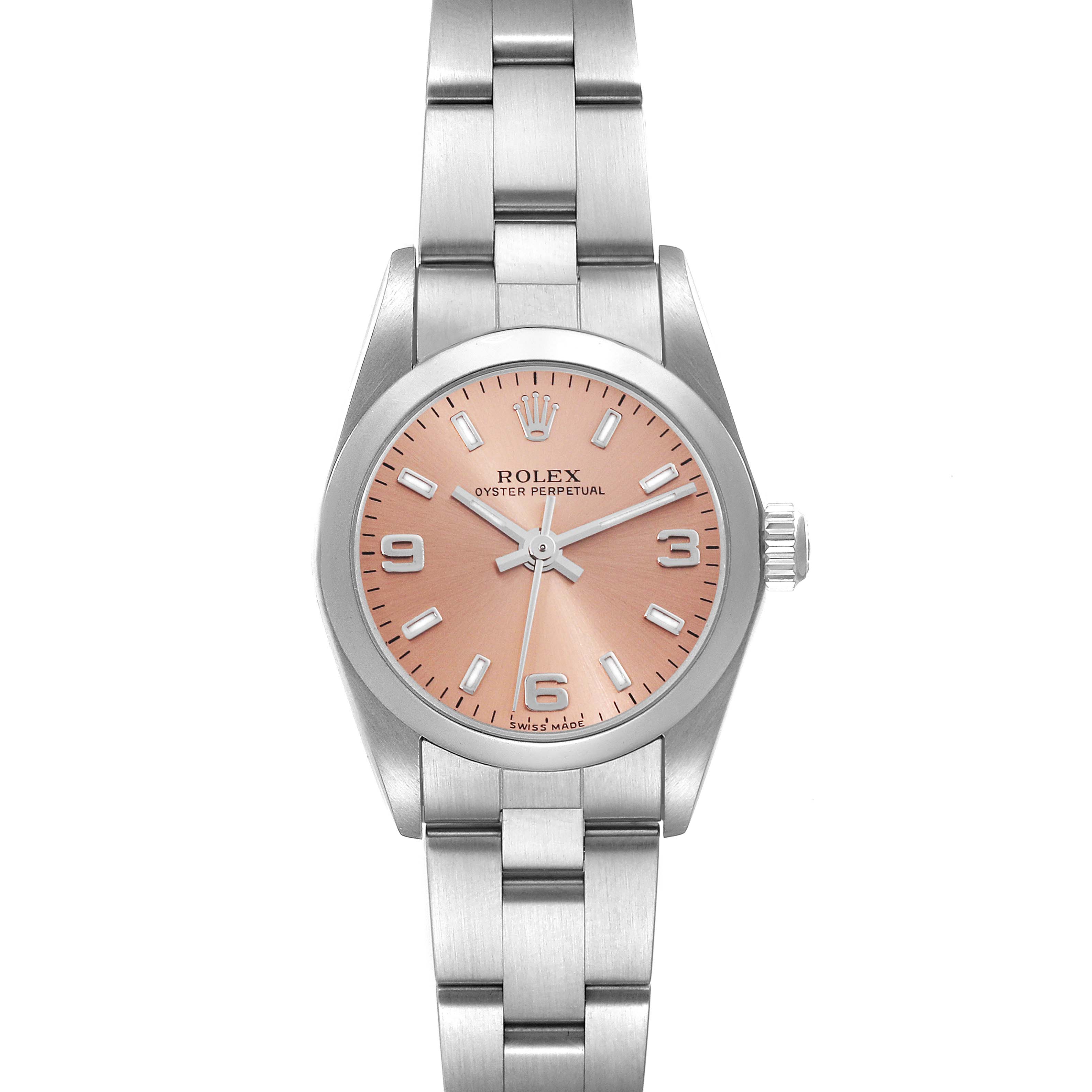 This image shows a Rolex Oyster Perpetual 76080 Women's Stainless Steel Pink Dial 76080 Women's Stainless Steel Pink Dial watch from a top-down angle, displaying the face, bezel, and bracelet.