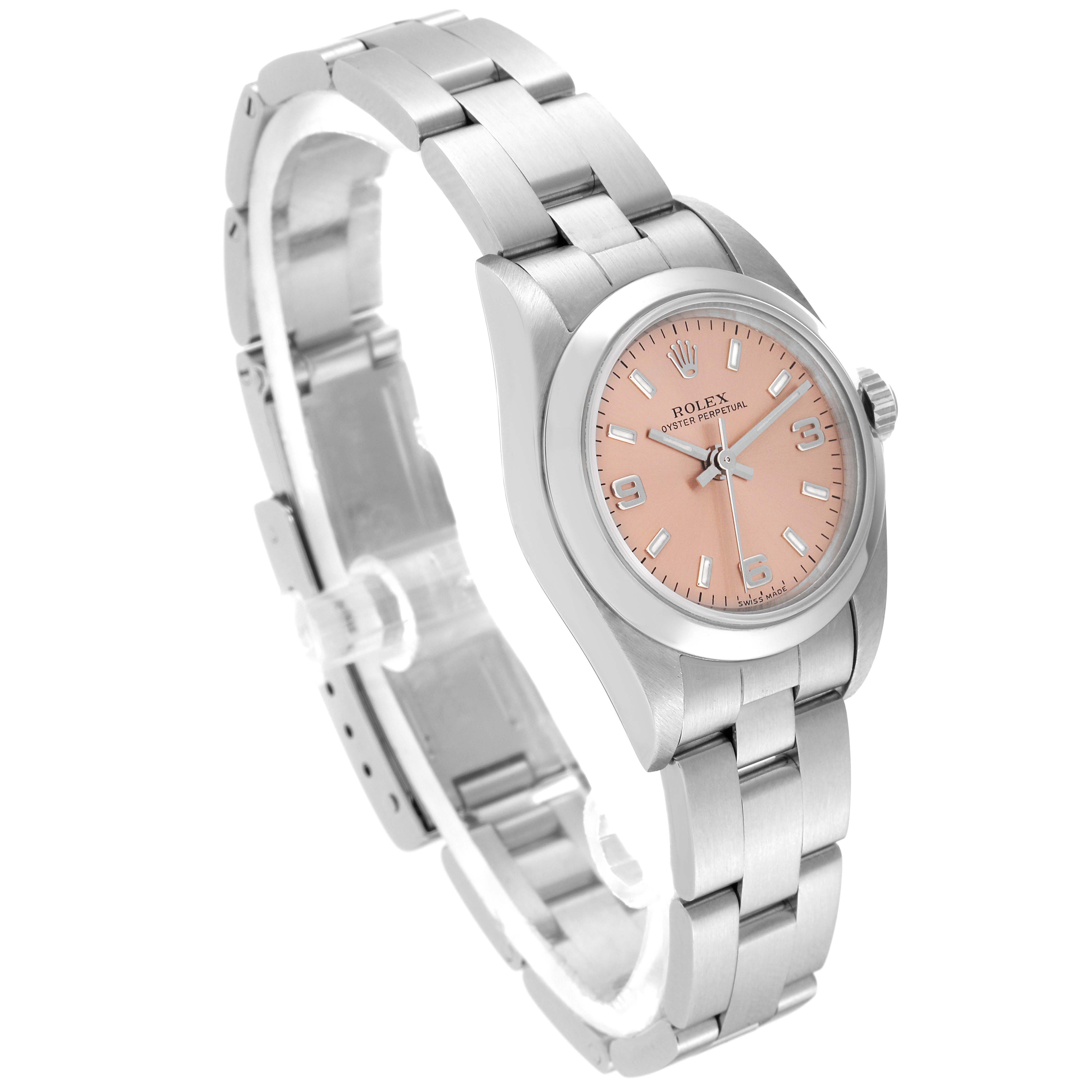 This image shows a Rolex Oyster Perpetual 76080 Women's Stainless Steel Pink Dial 76080 Women's Stainless Steel Pink Dial watch at a three-quarter angle, highlighting its pink dial and stainless steel bracelet.