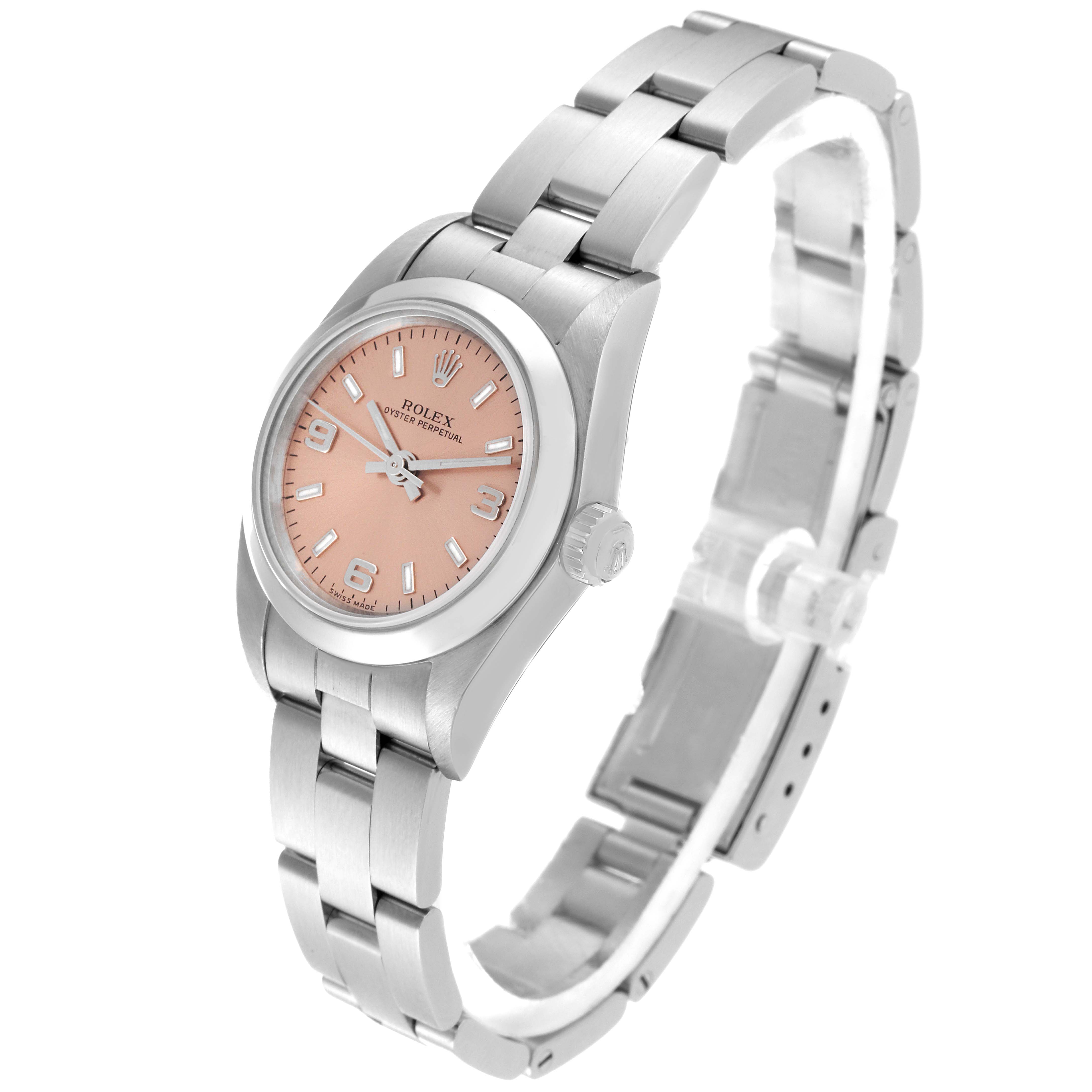 The image shows a Rolex Oyster Perpetual 76080 Women's Stainless Steel Pink Dial 76080 Women's Stainless Steel Pink Dial watch at a three-quarter angle featuring its face, bezel, case, crown, and bracelet.
