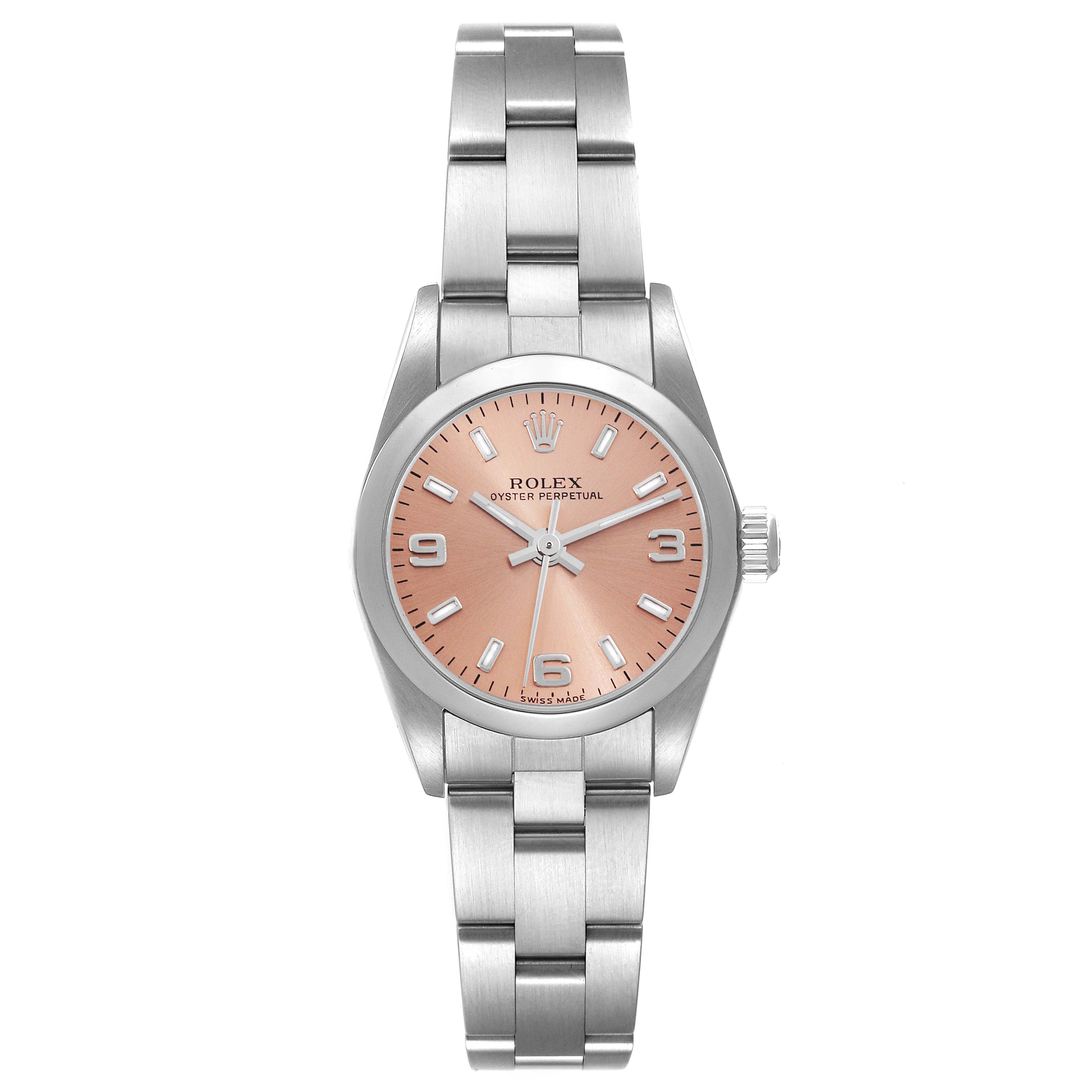 This image shows a Rolex Oyster Perpetual 76080 Women's Stainless Steel Pink Dial 76080 Women's Stainless Steel Pink Dial watch from the front, highlighting its face, bracelet, and crown.