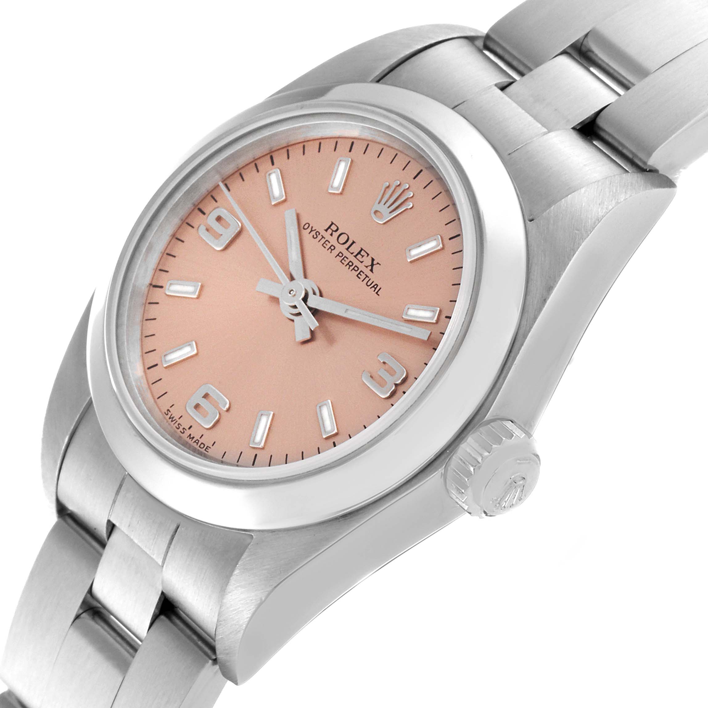 This image shows a side angle of the Rolex Oyster Perpetual 76080 Women's Stainless Steel Pink Dial 76080 Women's Stainless Steel Pink Dial watch, highlighting the face, crown, and bracelet.