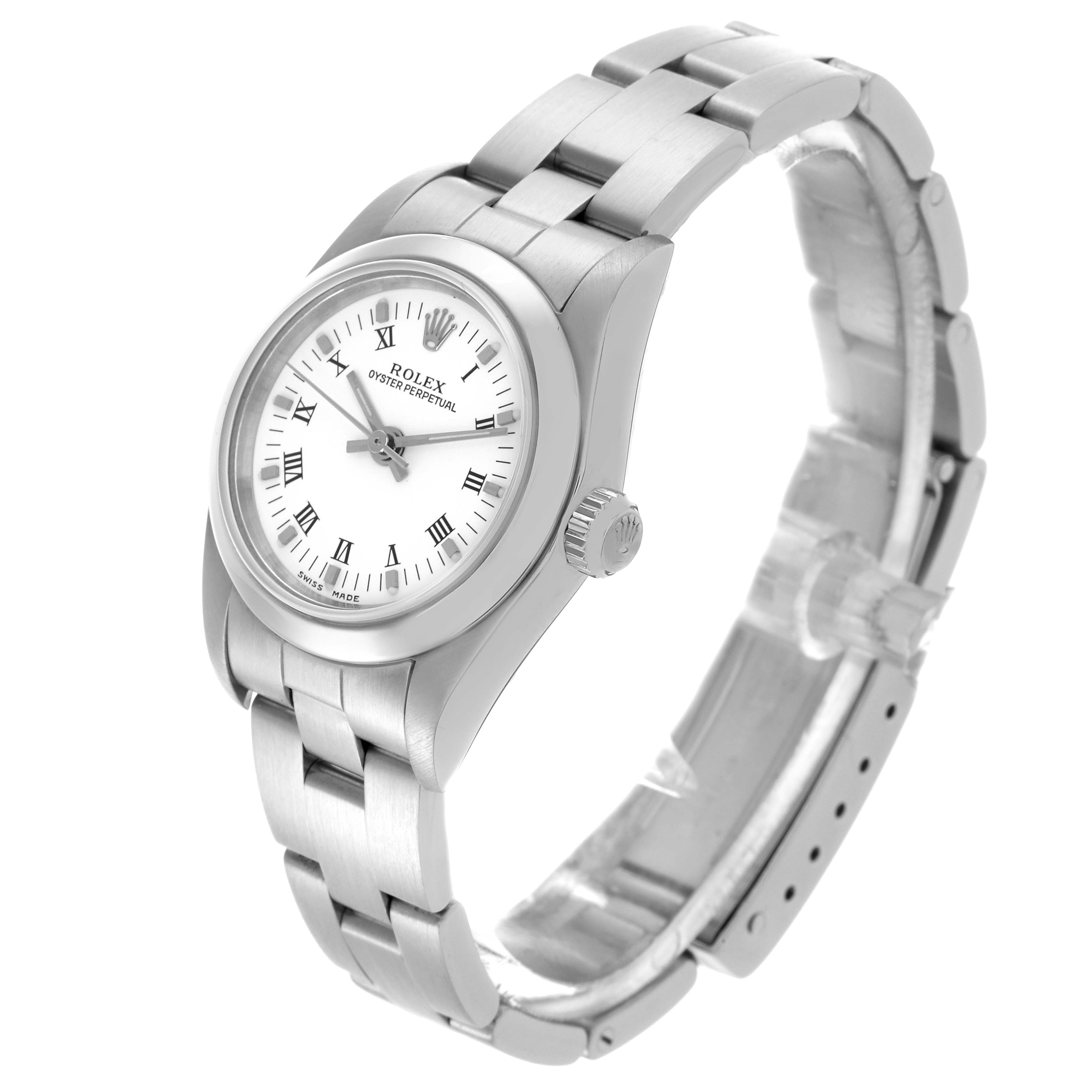 The Rolex Oyster Perpetual 76080 Women's Stainless Steel White Dial 76080 Women's Stainless Steel White Dial watch is shown at a side angle, displaying the face, bezel, crown, and bracelet.