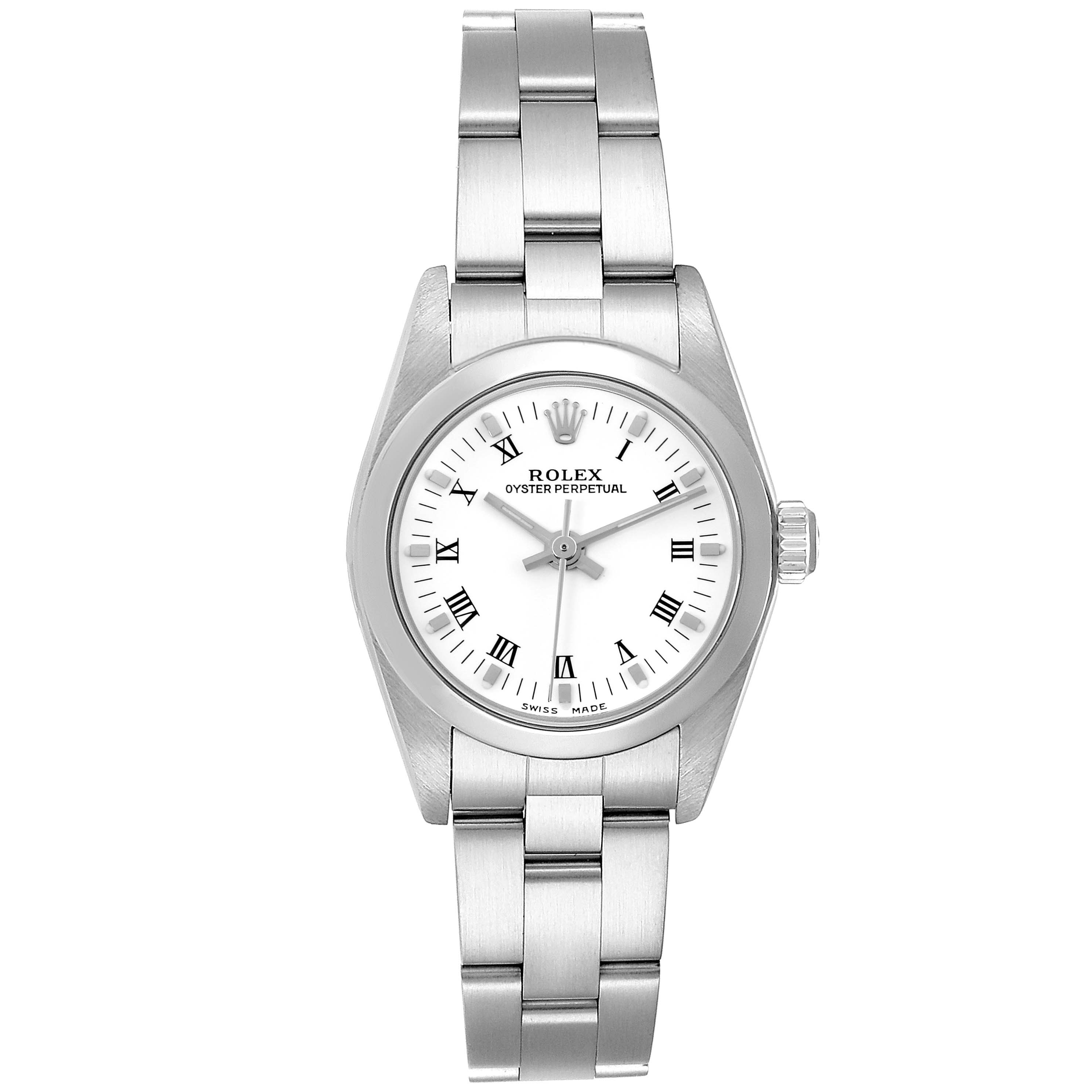 The Rolex Oyster Perpetual 76080 Women's Stainless Steel White Dial 76080 Women's Stainless Steel White Dial watch is shown from a front angle, highlighting the face, bezel, and bracelet.