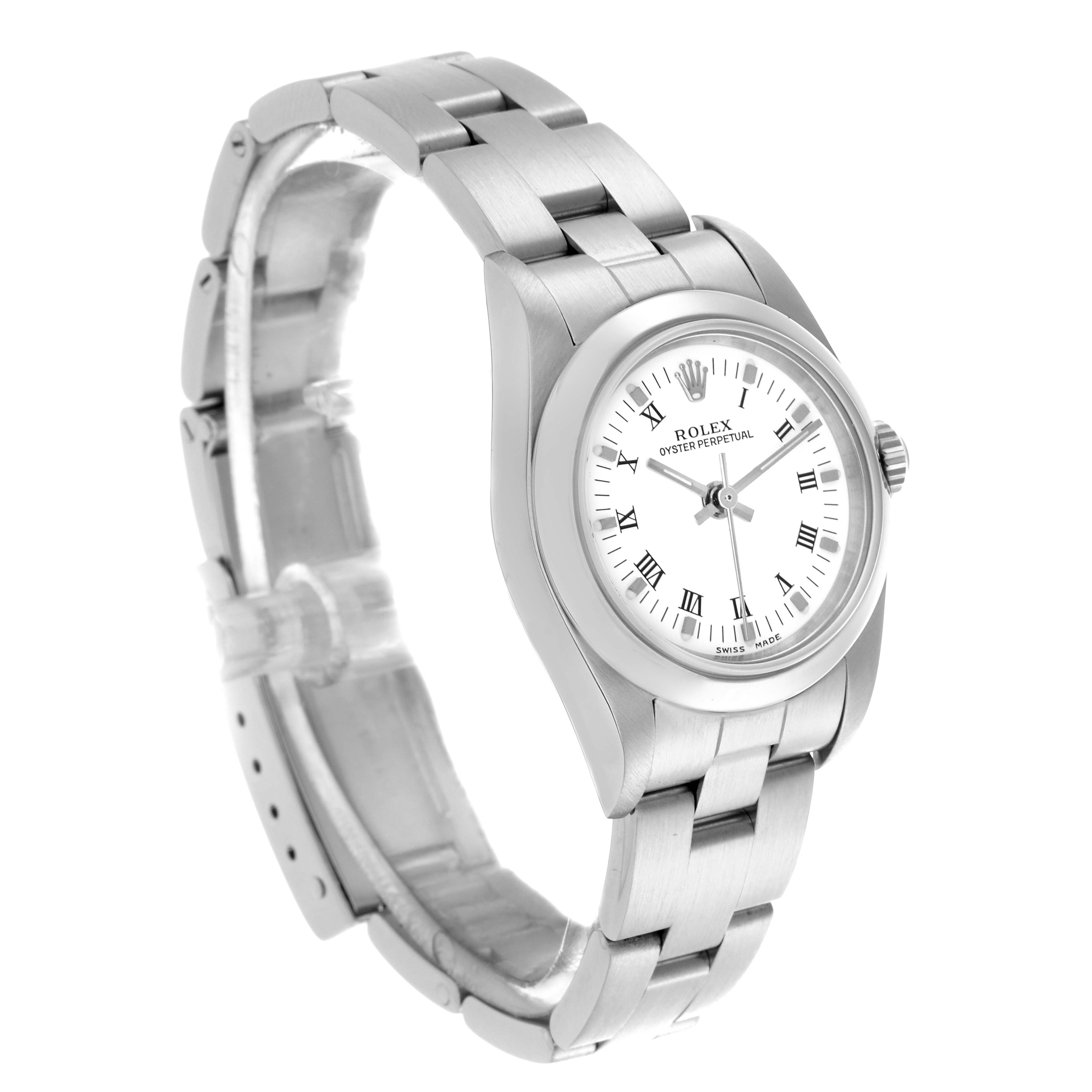 The Rolex Oyster Perpetual 76080 Women's Stainless Steel White Dial 76080 Women's Stainless Steel White Dial watch is shown at an angle displaying the face, bezel, and bracelet.