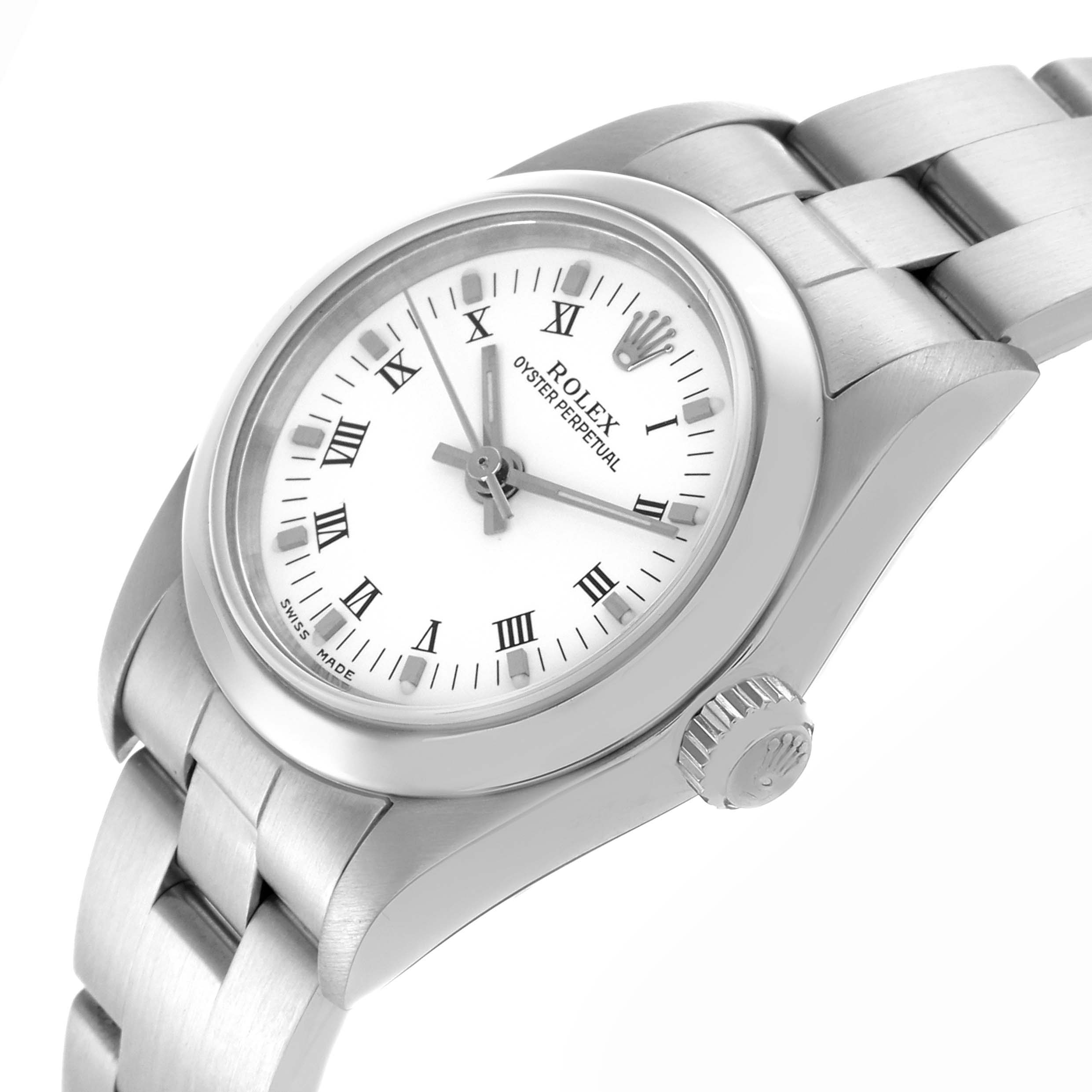 The Rolex Oyster Perpetual 76080 Women's Stainless Steel White Dial 76080 Women's Stainless Steel White Dial watch is shown at an angled view, highlighting the watch face, bezel, crown, and part of the bracelet.