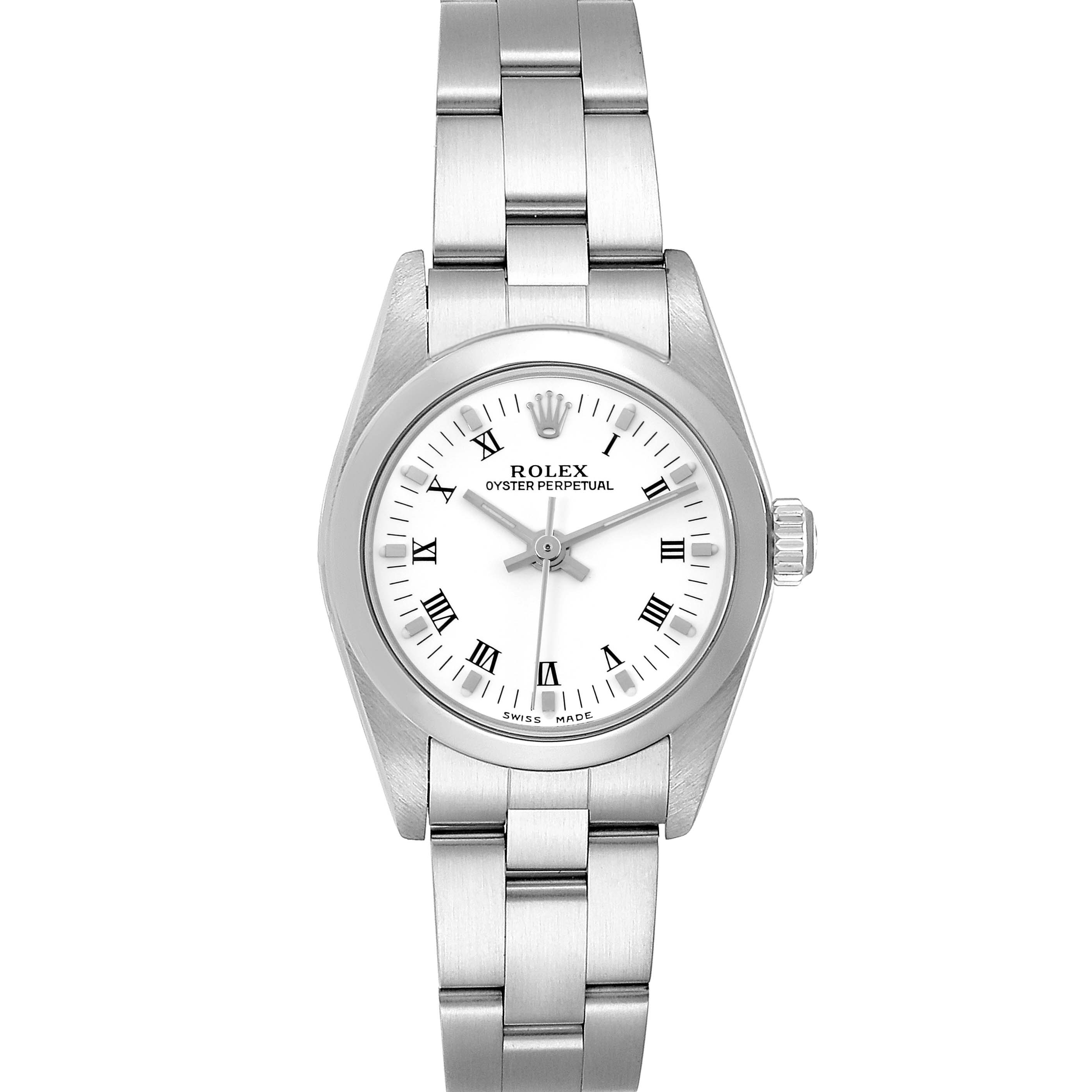 The Rolex Oyster Perpetual 76080 Women's Stainless Steel White Dial 76080 Women's Stainless Steel White Dial watch is shown from a front angle, displaying the face, bezel, crown, and bracelet.