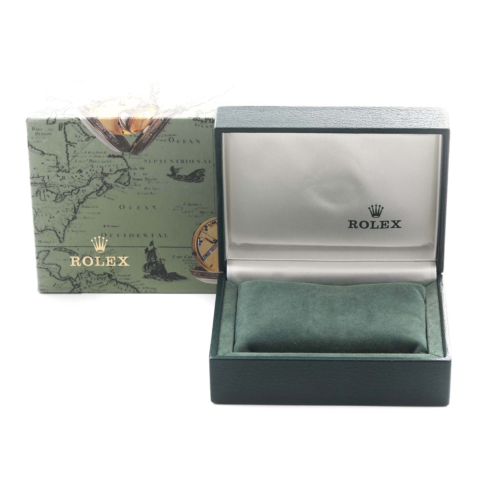 The image shows a Rolex Oyster Perpetual 76080 Women's Stainless Steel White Dial 76080 Women's Stainless Steel White Dial watch box, with the green and gold packaging partially open, displaying the interior.
