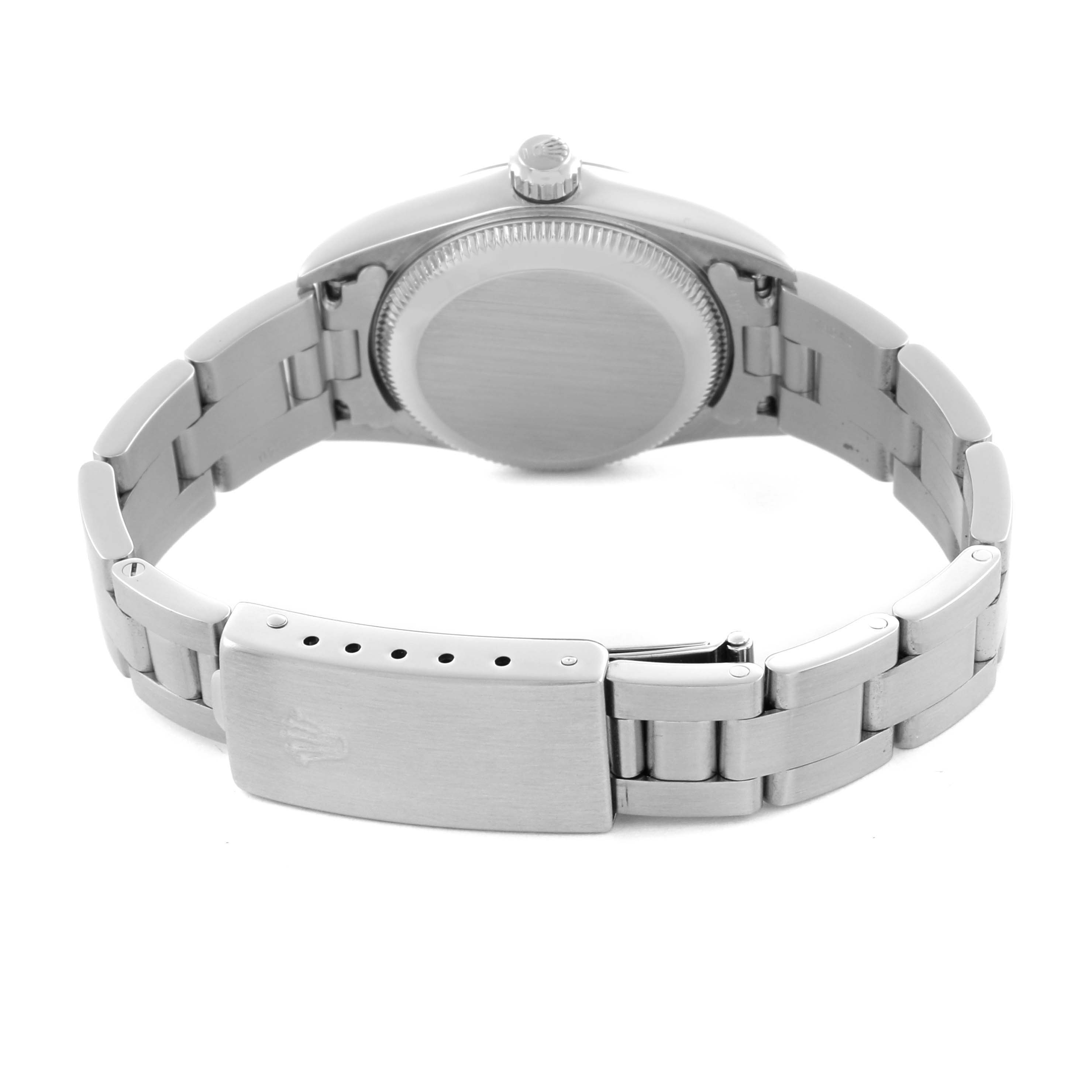 The image shows the back and clasp of a Rolex Oyster Perpetual 76080 Women's Stainless Steel White Dial 76080 Women's Stainless Steel White Dial watch, highlighting its bracelet and case back.