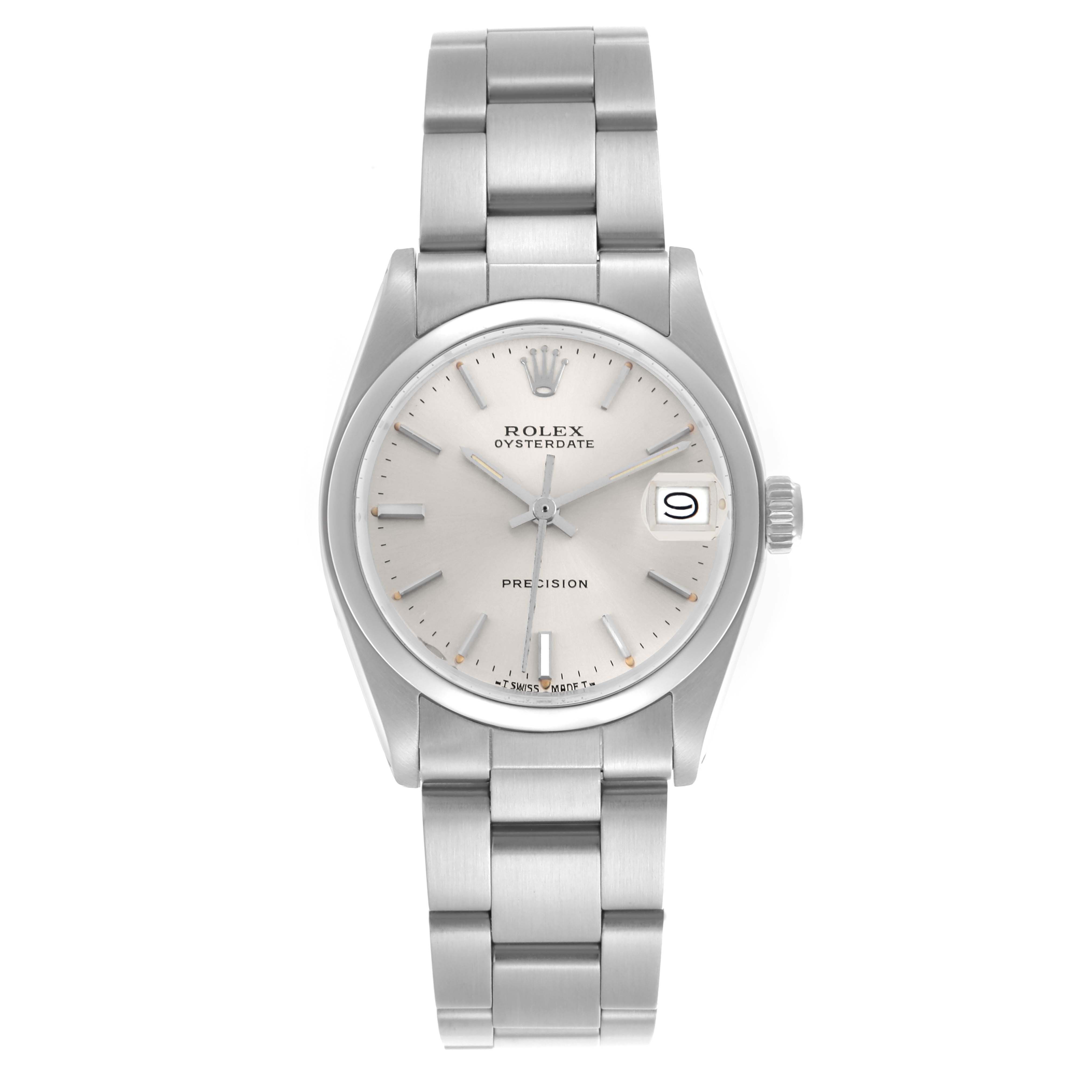 The Rolex Date 6466 Women's Stainless Steel Silver Dial 6466 Women's Stainless Steel Silver Dial watch is shown from a top-down angle, displaying the dial, bracelet, and crown.