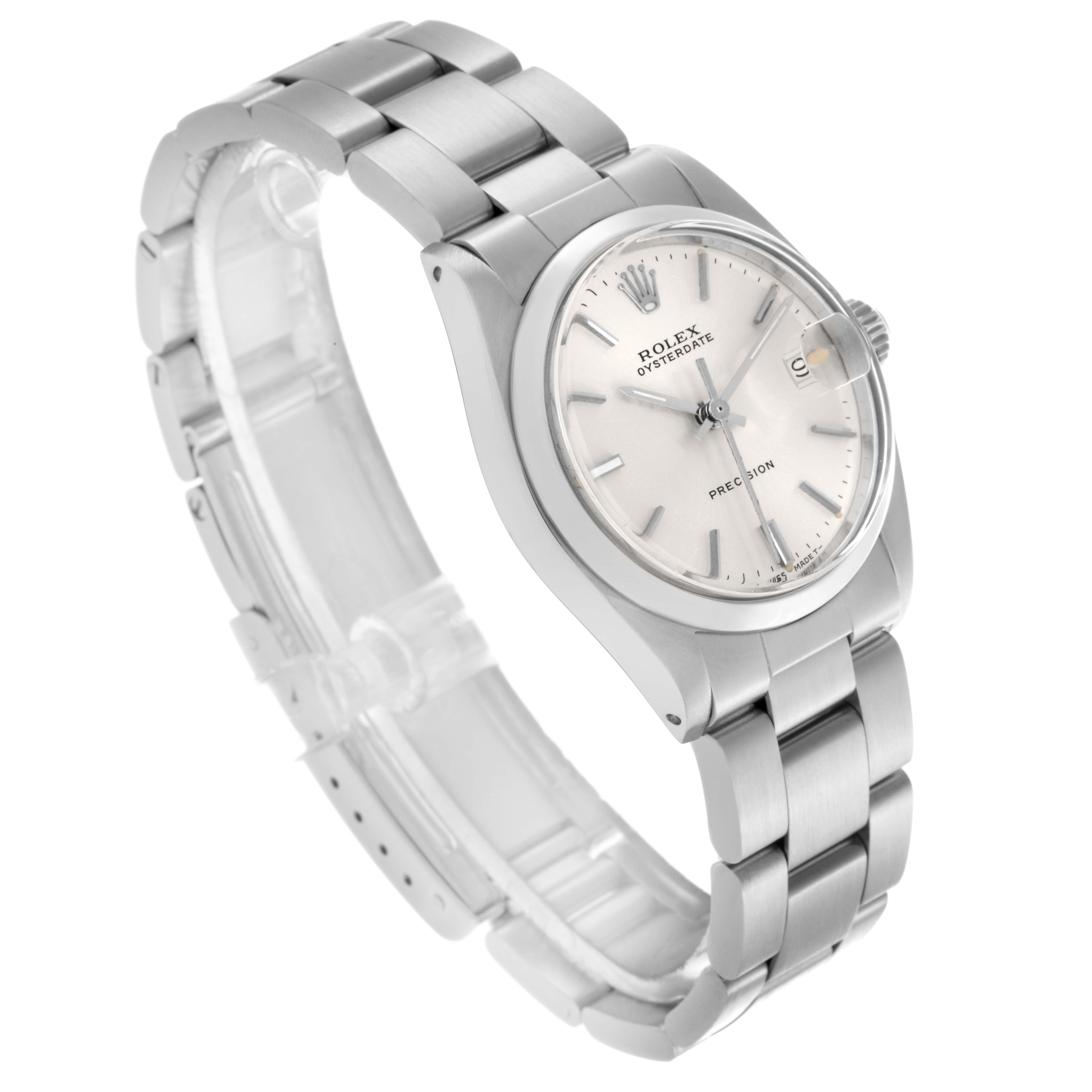 The Rolex Date 6466 Women's Stainless Steel Silver Dial 6466 Women's Stainless Steel Silver Dial model watch is shown at a three-quarter angle, highlighting the dial, case, and bracelet.