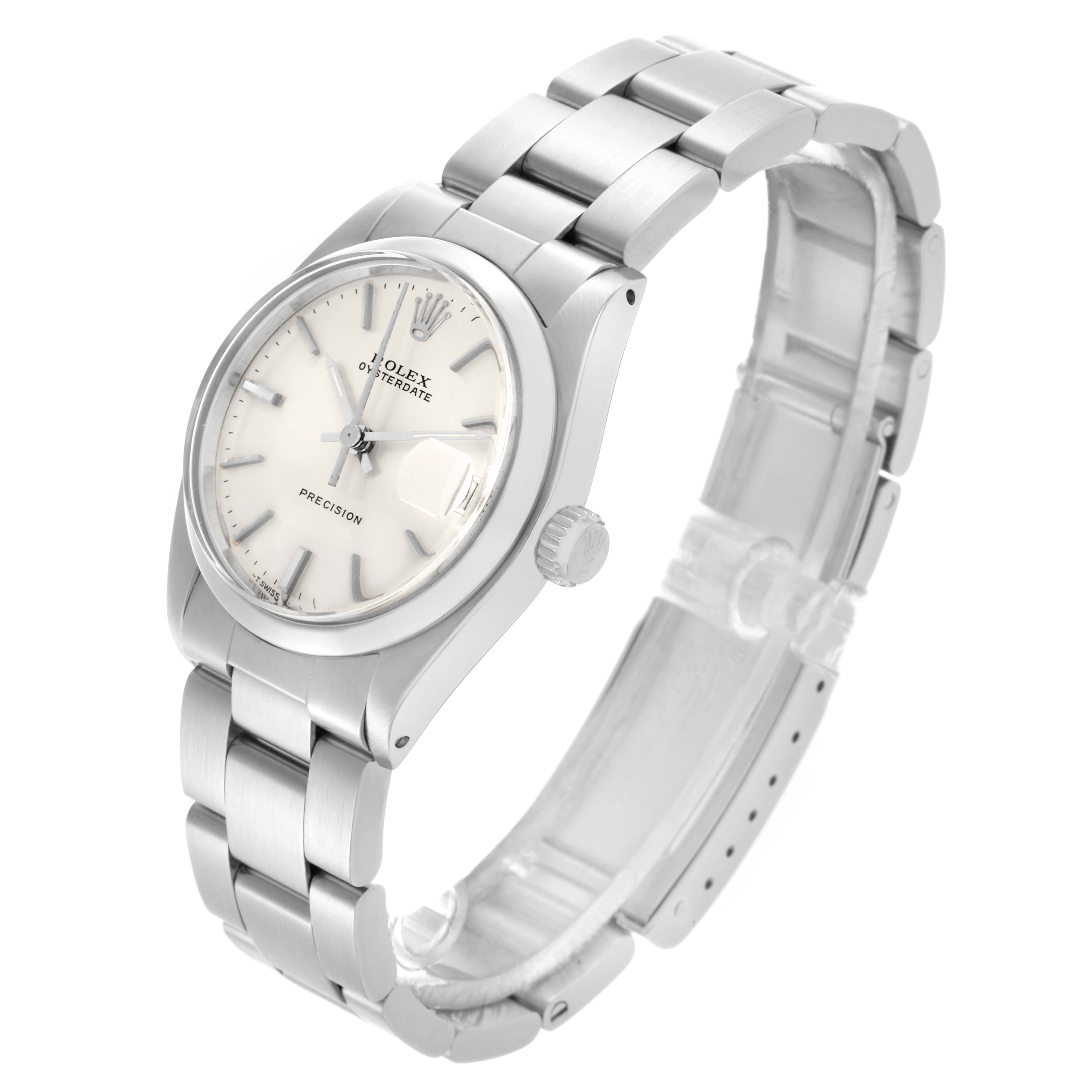 The Rolex Date 6466 Women's Stainless Steel Silver Dial 6466 Women's Stainless Steel Silver Dial watch is shown in a three-quarter angle highlighting the face, crown, and bracelet.