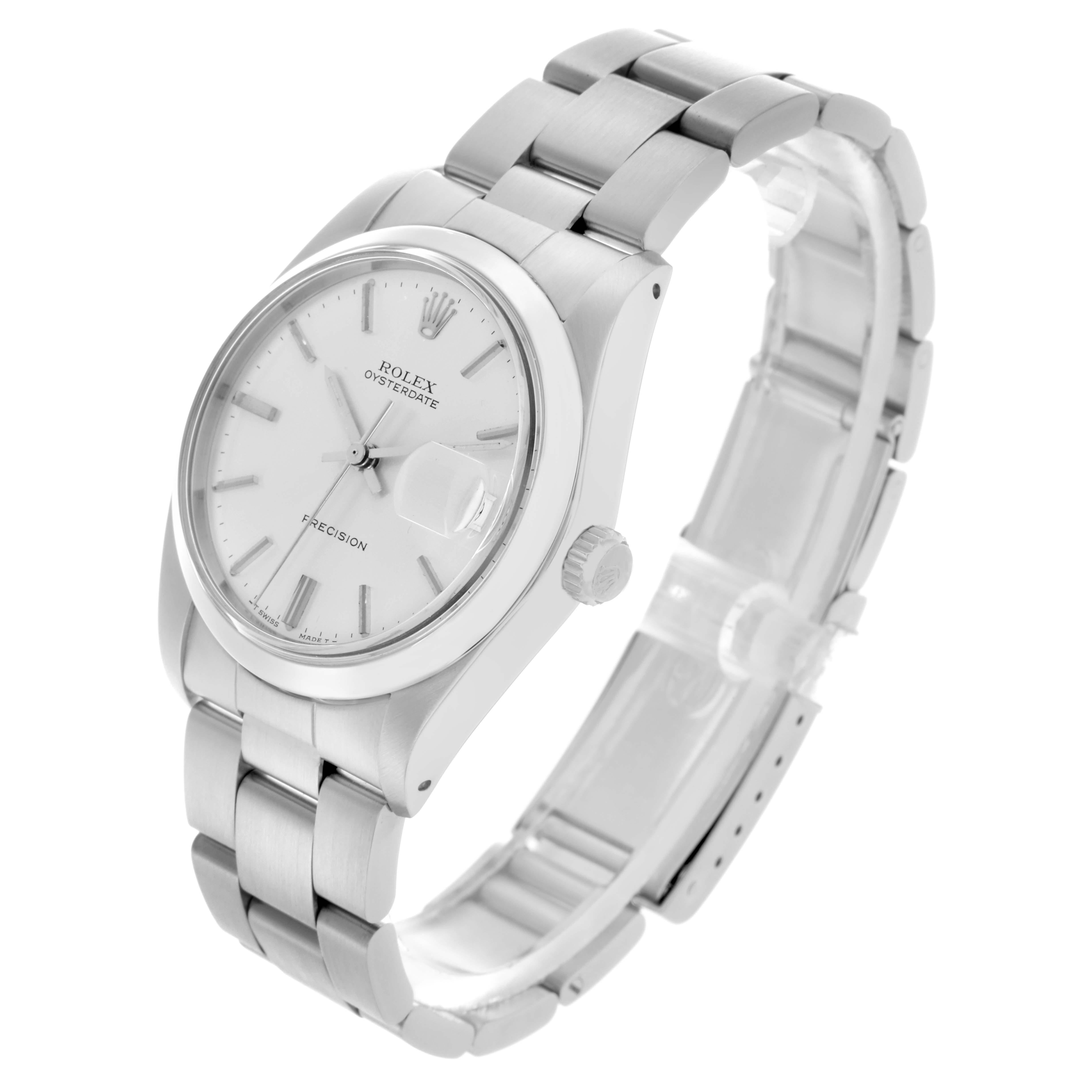 The Rolex Date 6694 Men's Stainless Steel Silver Dial 6694 Men's Stainless Steel Silver Dial watch is shown at a three-quarter angle, highlighting the dial, bezel, bracelet, and crown.