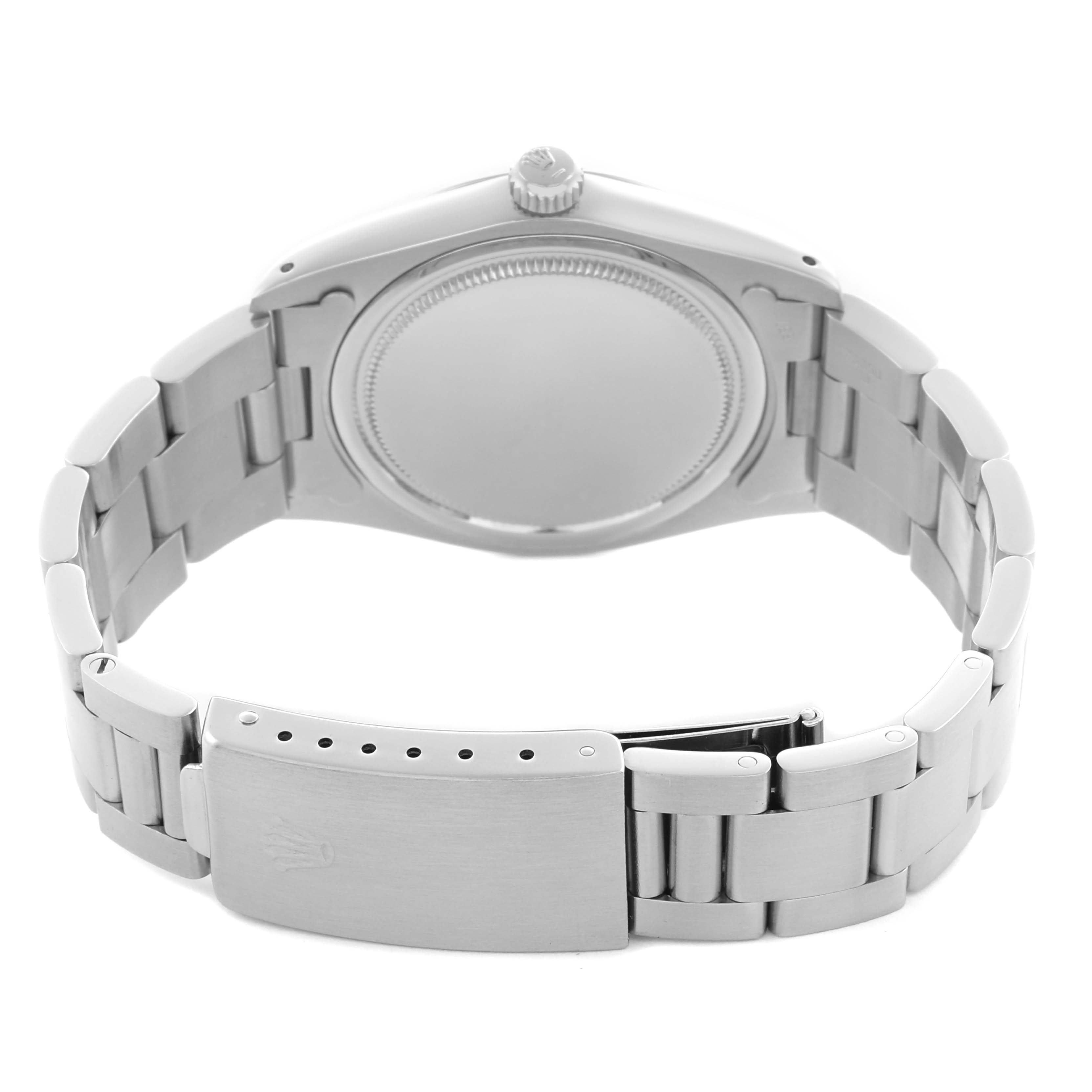 The image shows the back of a Rolex Date 6694 Men's Stainless Steel Silver Dial 6694 Men's Stainless Steel Silver Dial watch, highlighting the case back, bracelet, and clasp.