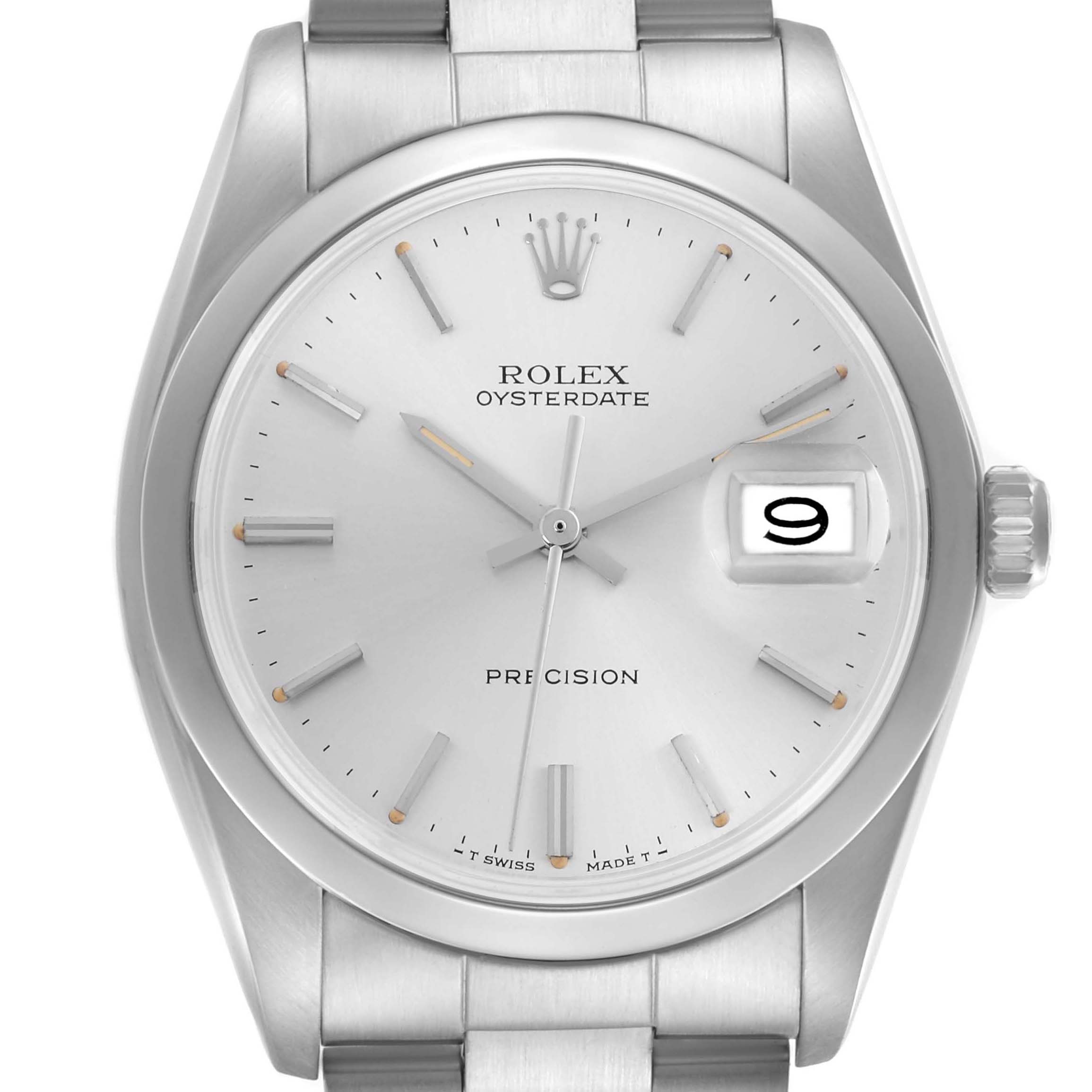 The Rolex Oysterdate Precision watch is shown from a front angle, highlighting the dial, bezel, and part of the bracelet.
