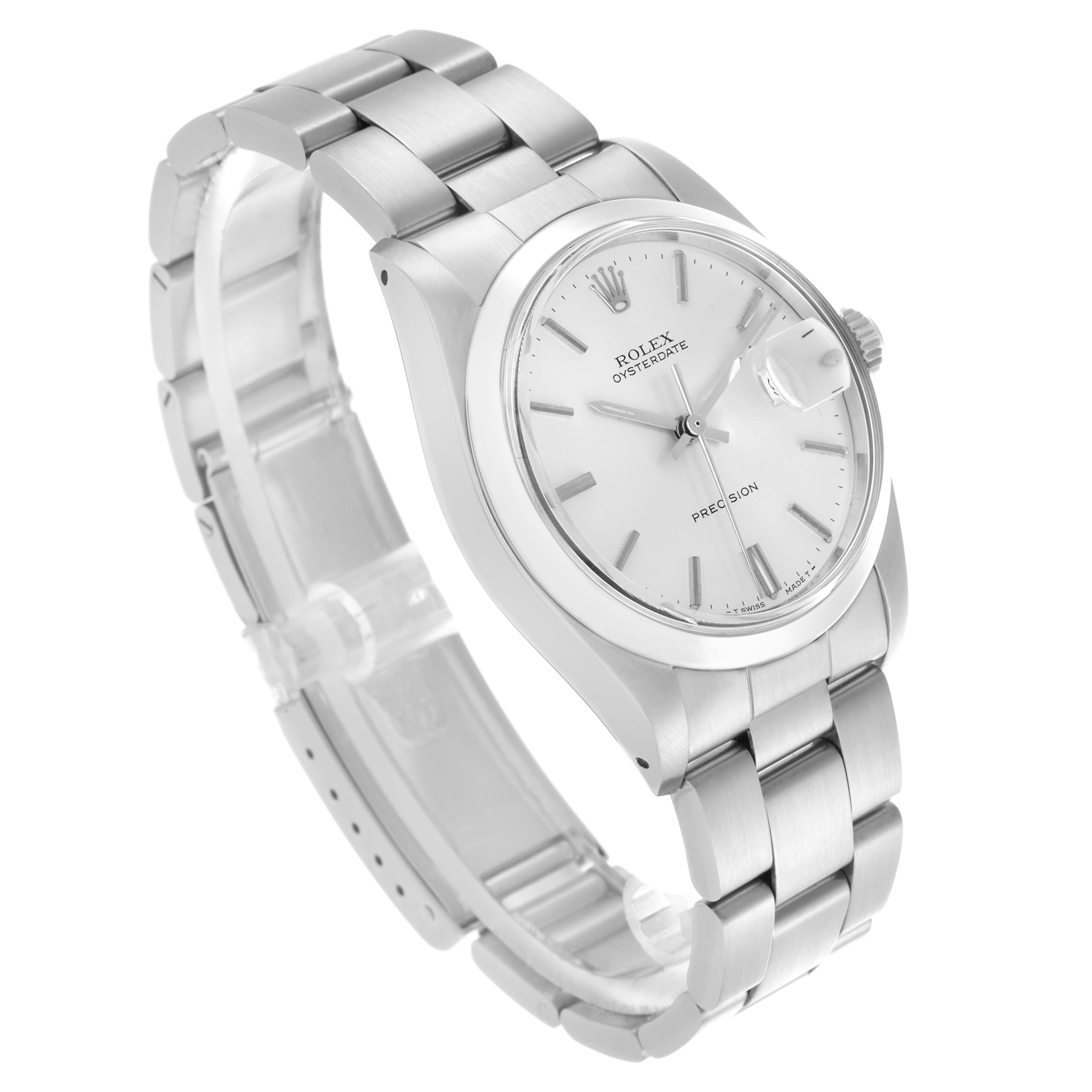 The Rolex Date 6694 Men's Stainless Steel Silver Dial 6694 Men's Stainless Steel Silver Dial watch is shown at an angled side view, highlighting the dial, case, and bracelet links.