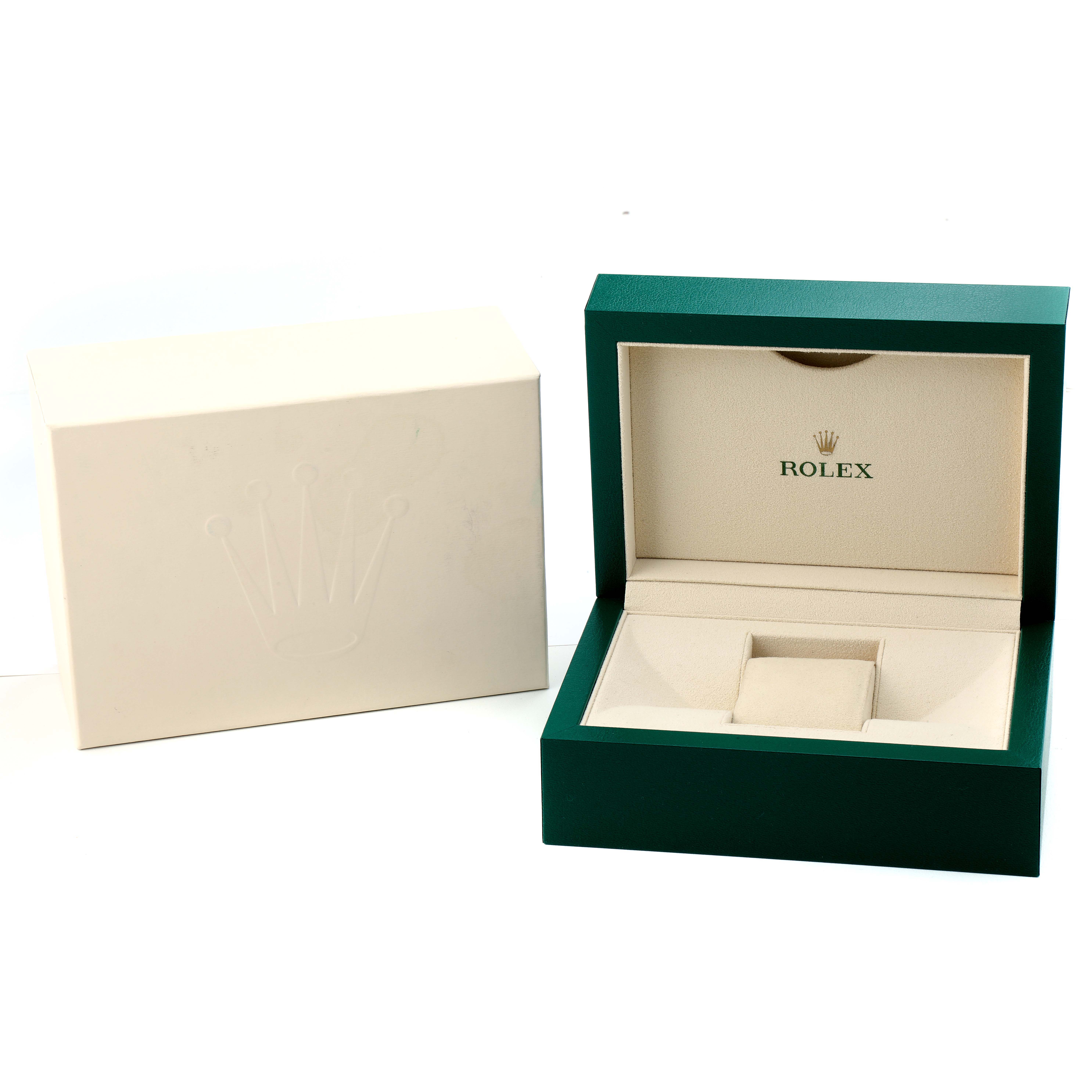 The image shows the open box for a Rolex Pearlmaster 81298 Women's Yellow Gold Mother of Pearl Dial, revealing the interior packaging and logo from a slightly elevated angle.