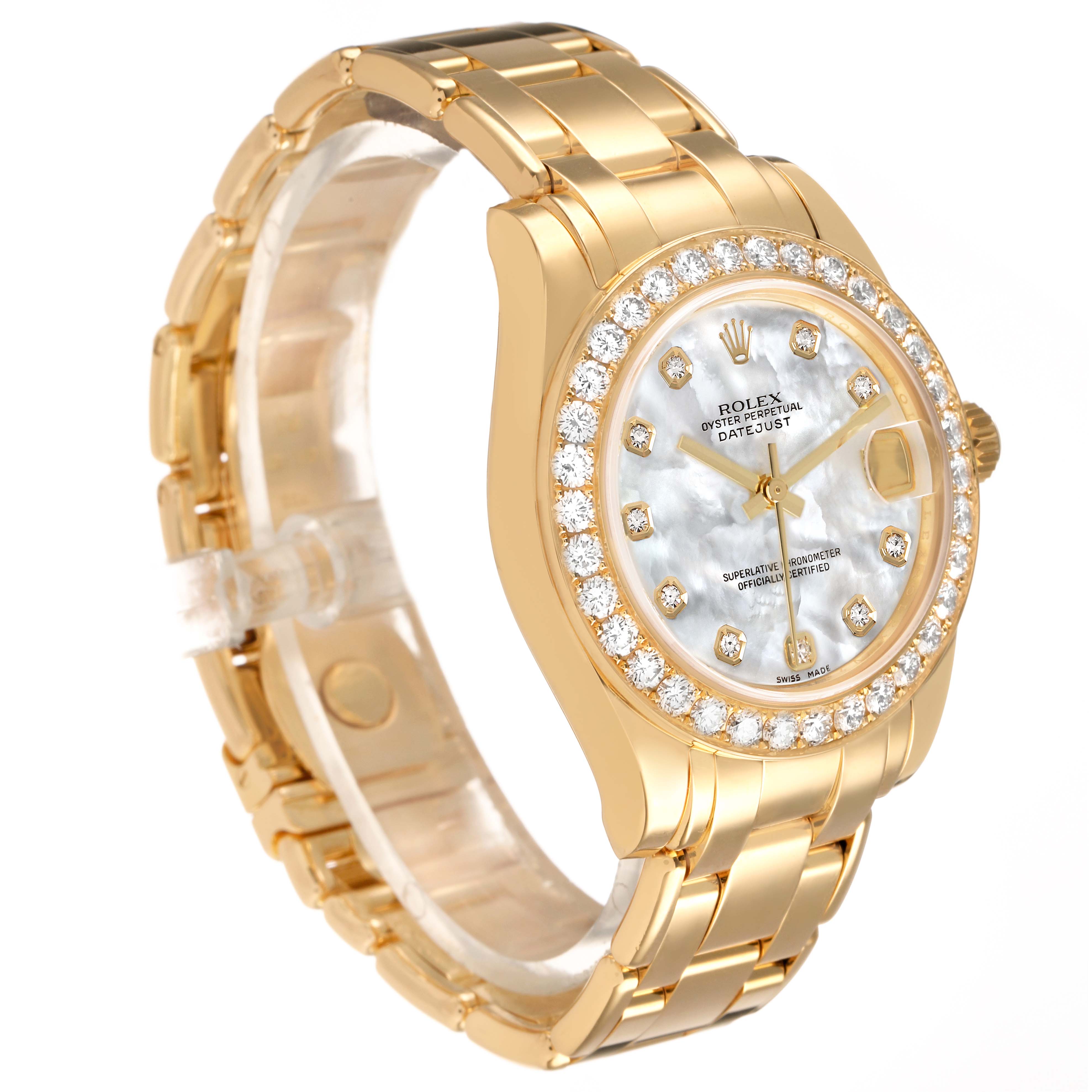 The Rolex Pearlmaster 81298 Women's Yellow Gold Mother of Pearl Dial watch is shown at an oblique angle, highlighting the bracelet, diamond bezel, and mother-of-pearl dial.