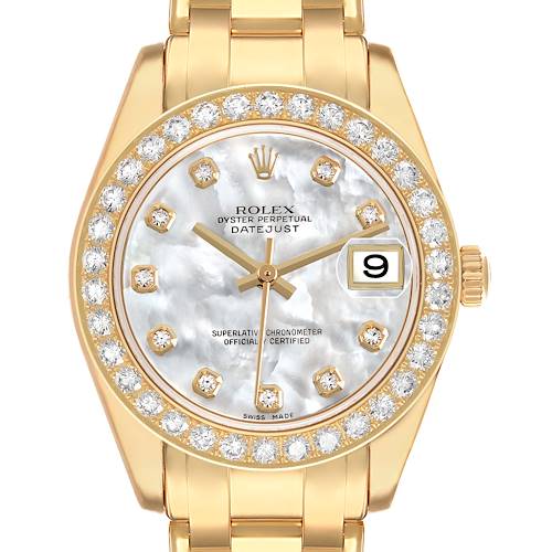 The Rolex Pearlmaster 81298 Women's Yellow Gold Mother of Pearl Dial watch is shown from a front angle, highlighting the diamond bezel, mother-of-pearl face, and date window.