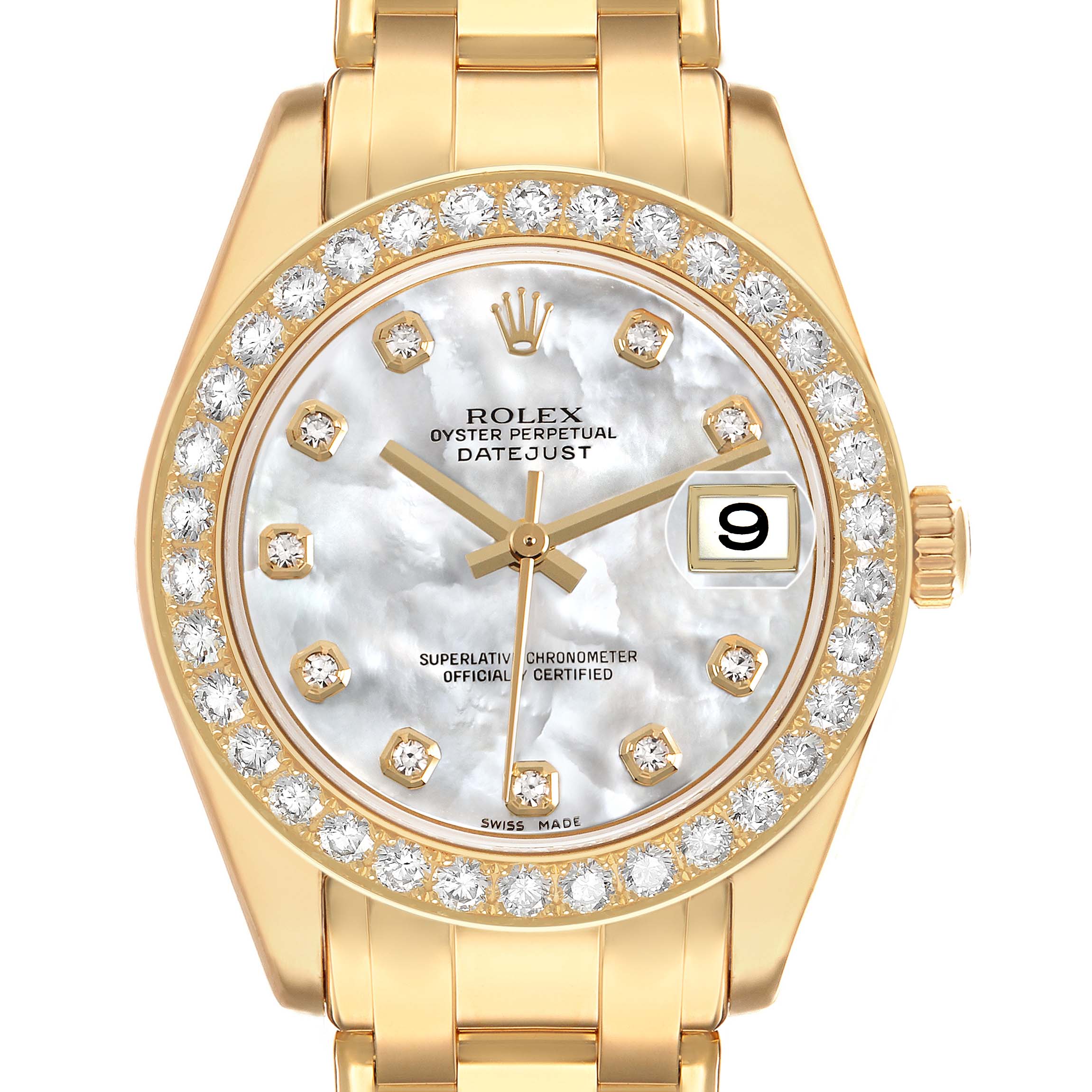 The image shows a front view of the Rolex Pearlmaster 81298 Women's Yellow Gold Mother of Pearl Dial watch, highlighting its gold bracelet, diamond bezel, and dial.
