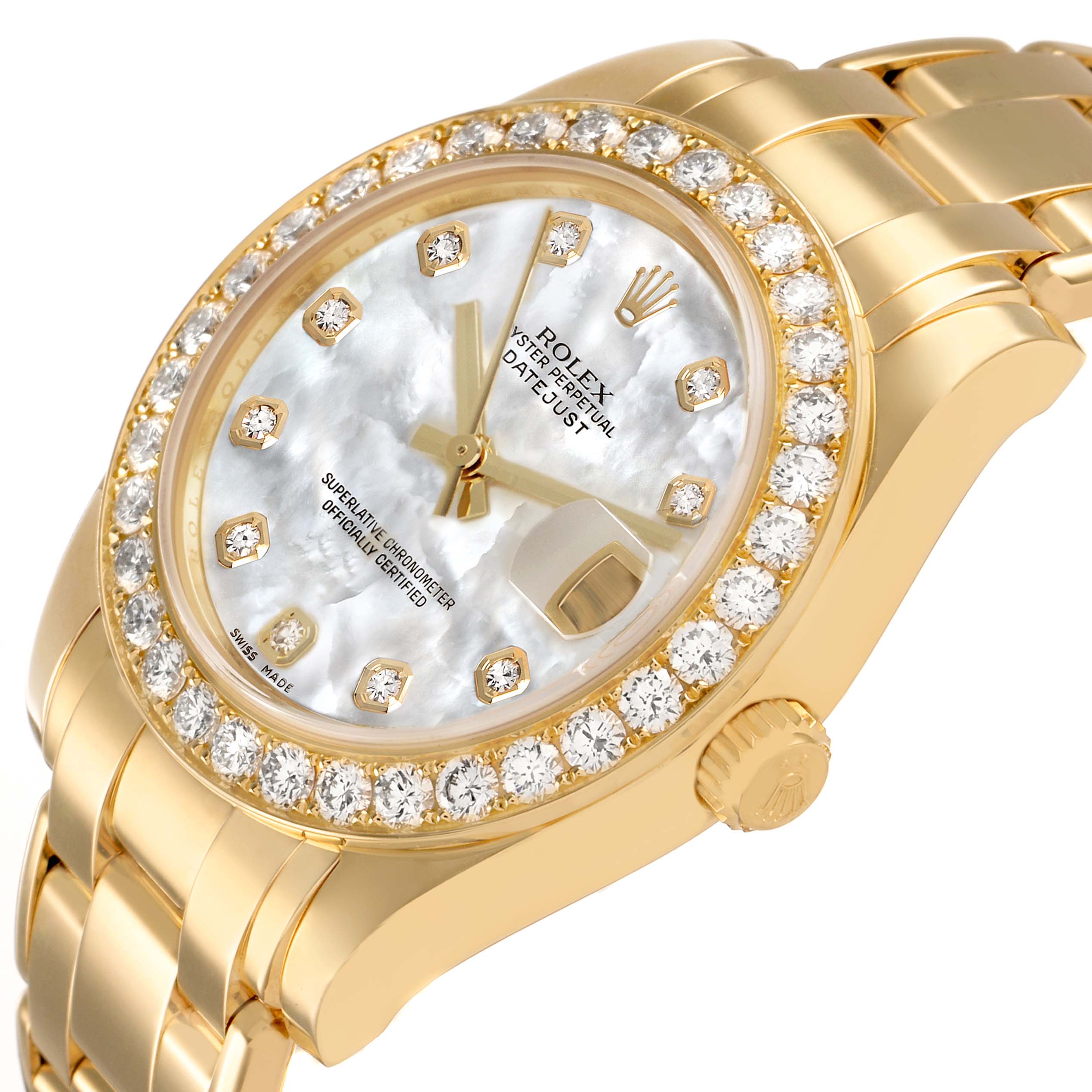 The Rolex Pearlmaster 81298 Women's Yellow Gold Mother of Pearl Dial watch is shown from a slightly tilted top angle, highlighting its diamond bezel and mother-of-pearl dial.